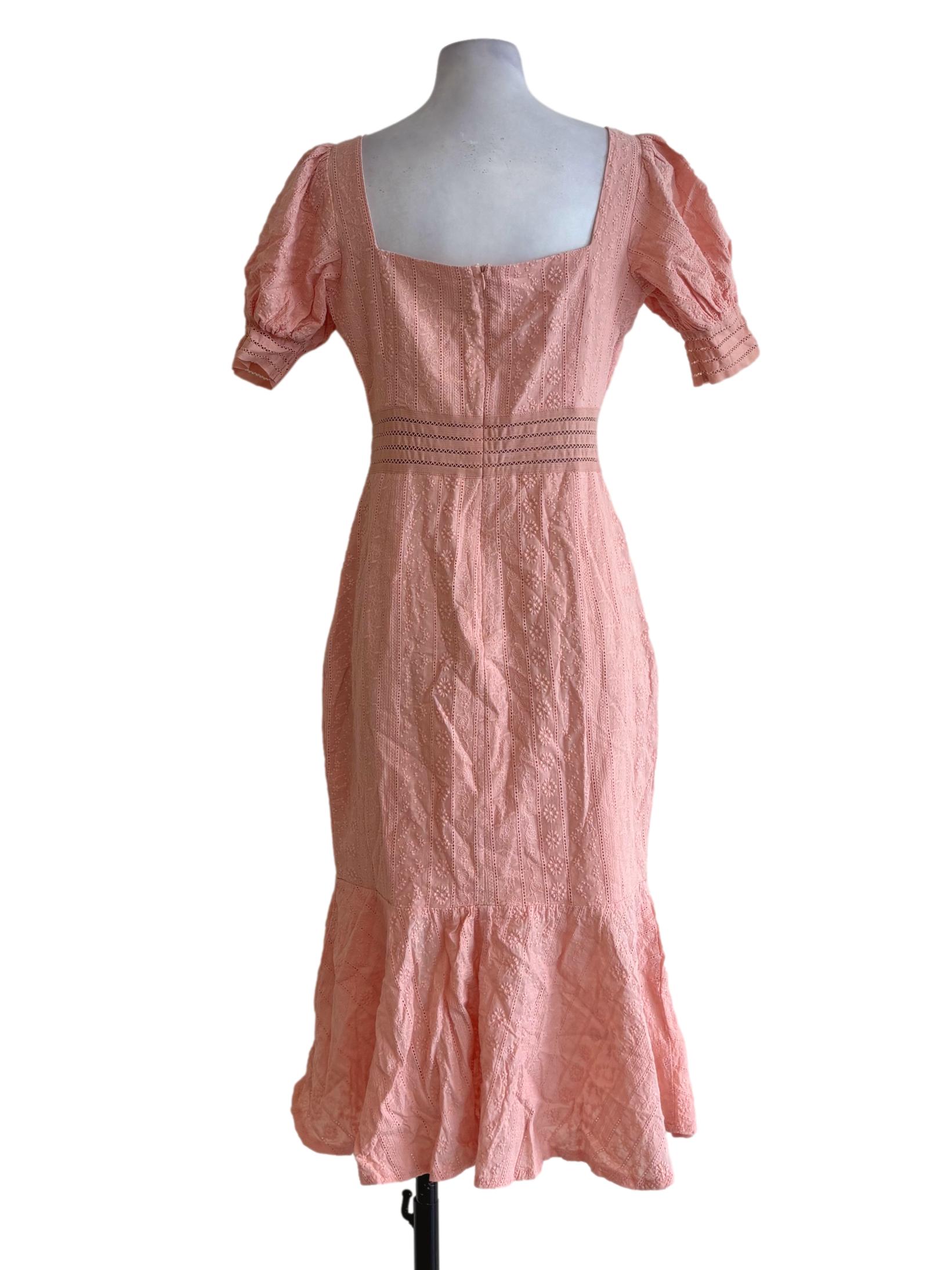 Peach Square Neck Embroidered Cotton Dress