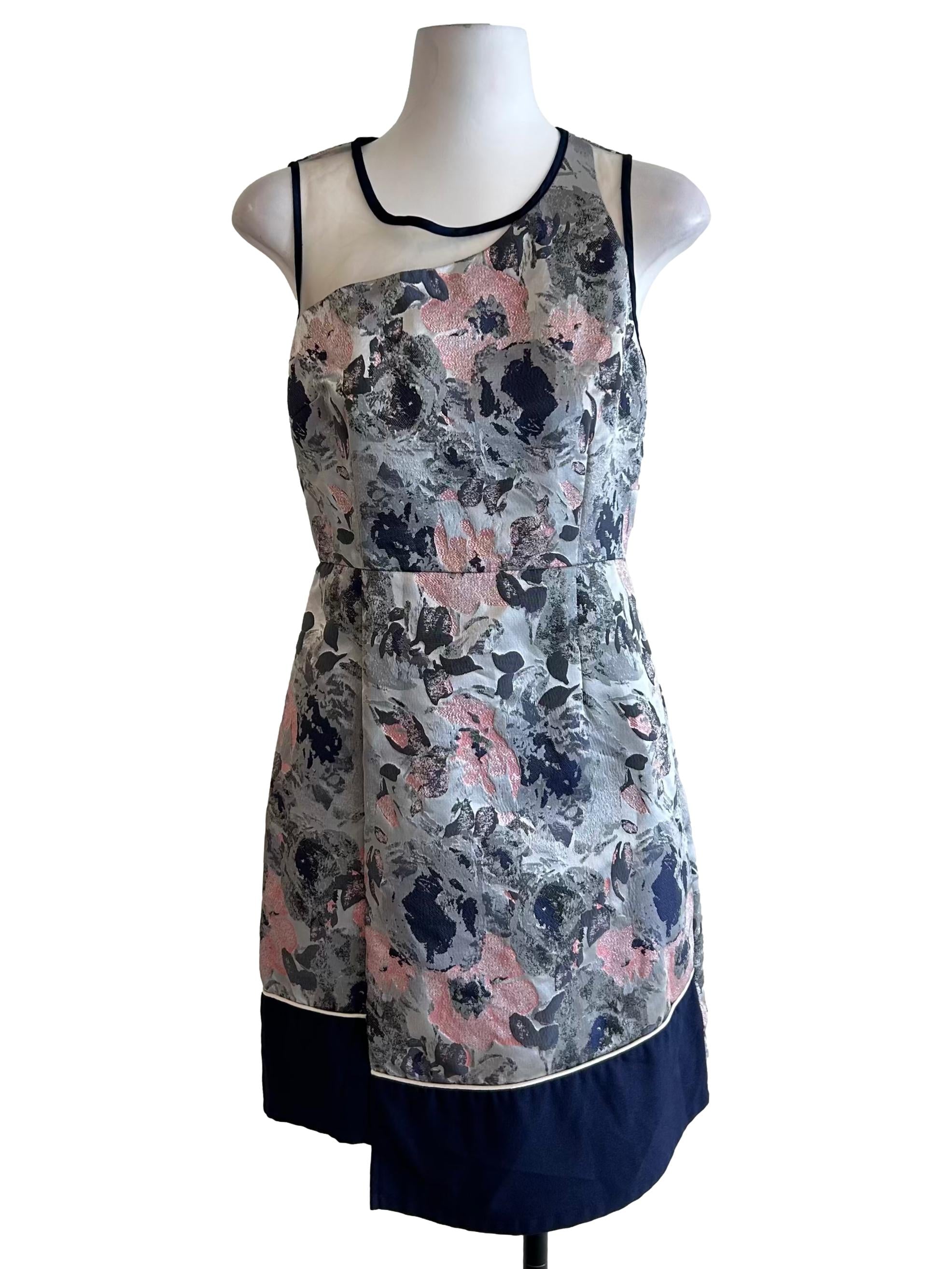 Silver Grey Floral Sheer Overlay Dress