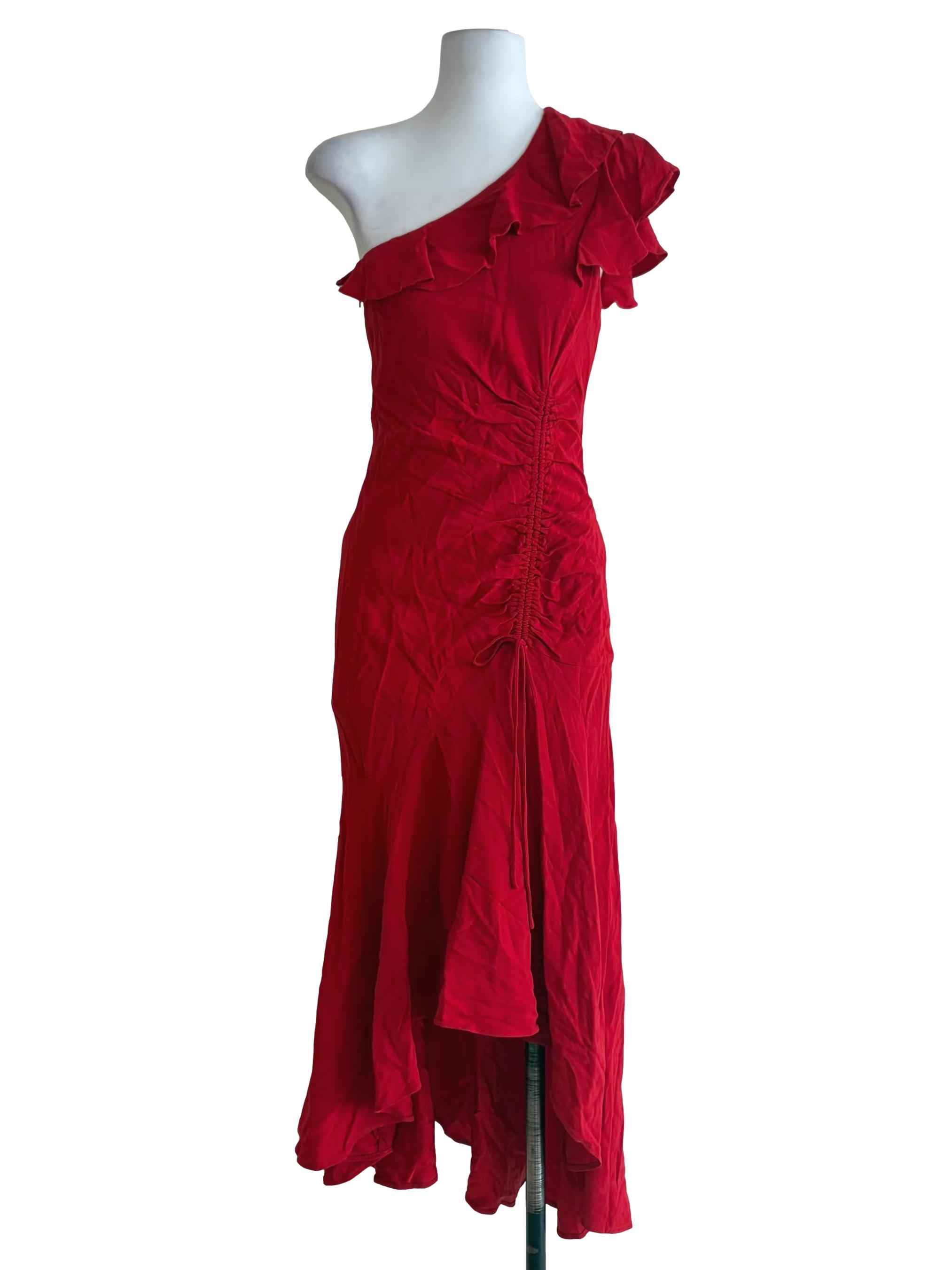 Candy Red Asymmetrical Side Runched Bodycon Dress