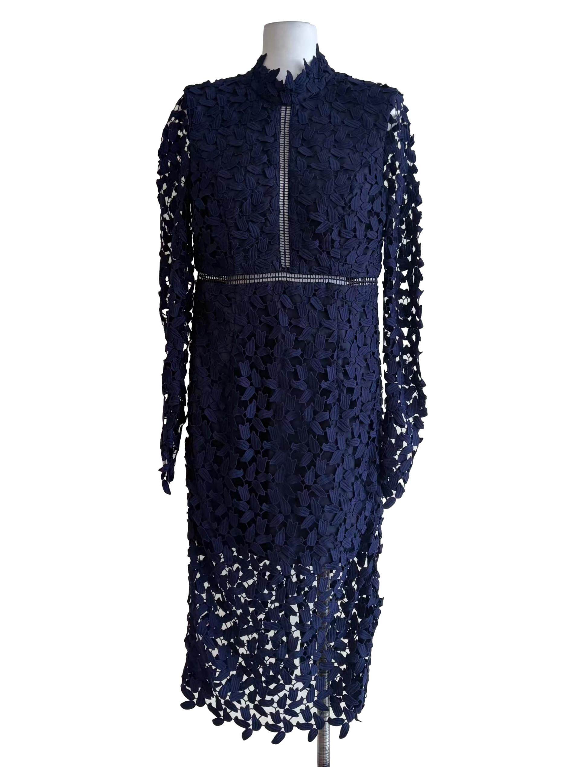 Navy Blue Laced Long Sleeve Dress