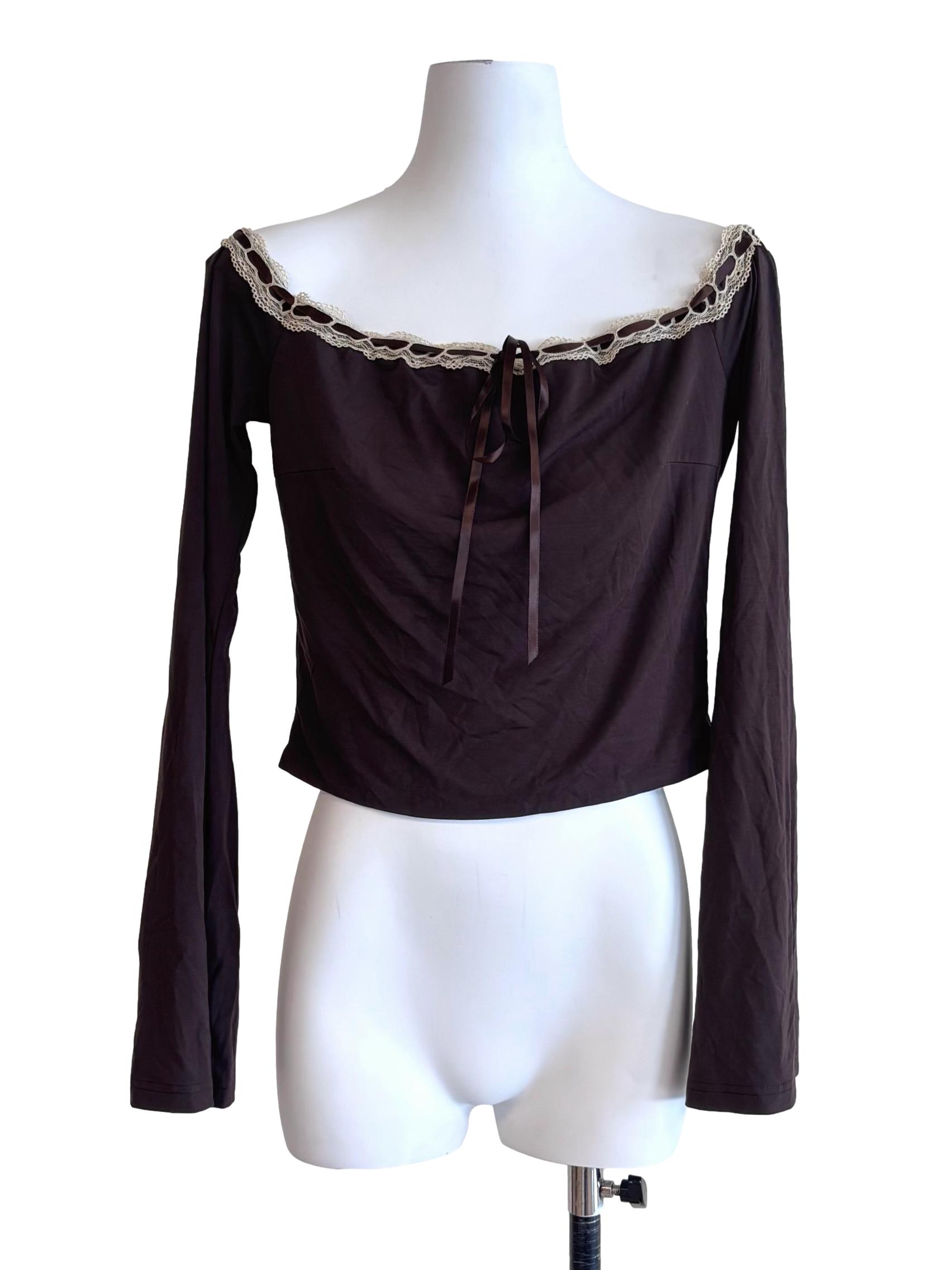 Dark Brown Lace Neckline Top