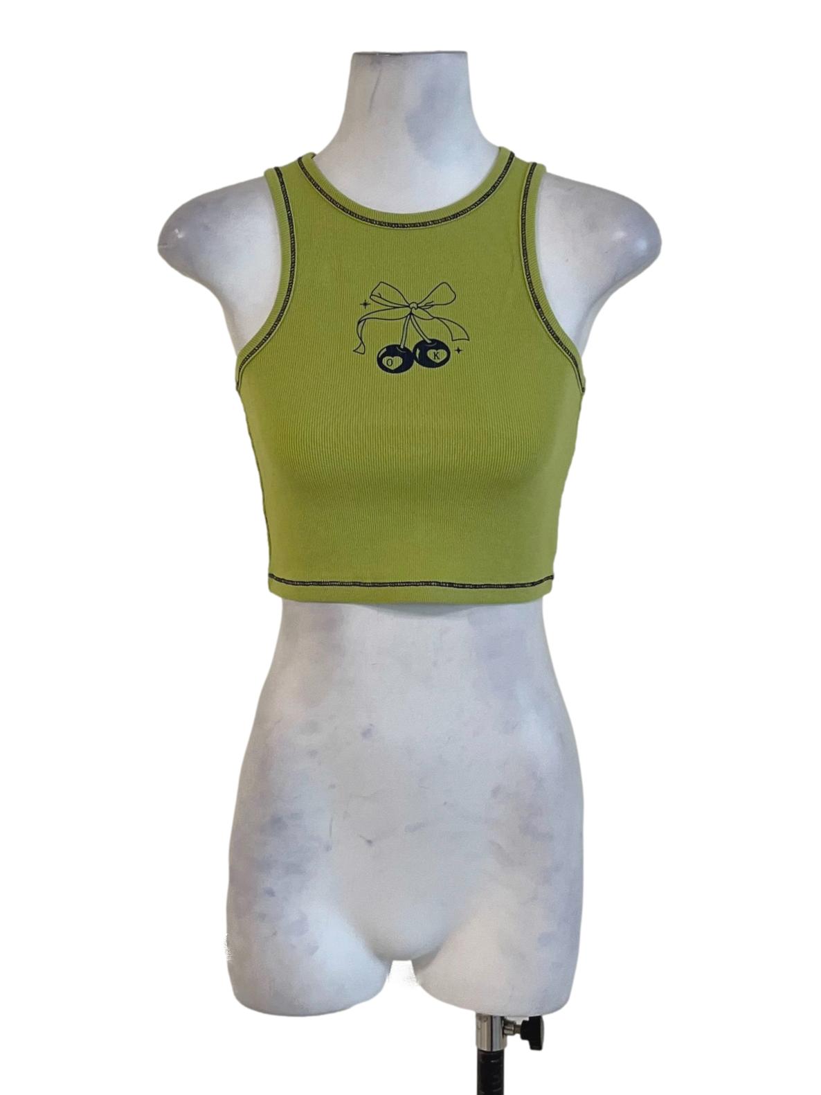 Green Cherry Contrast Racercut Top