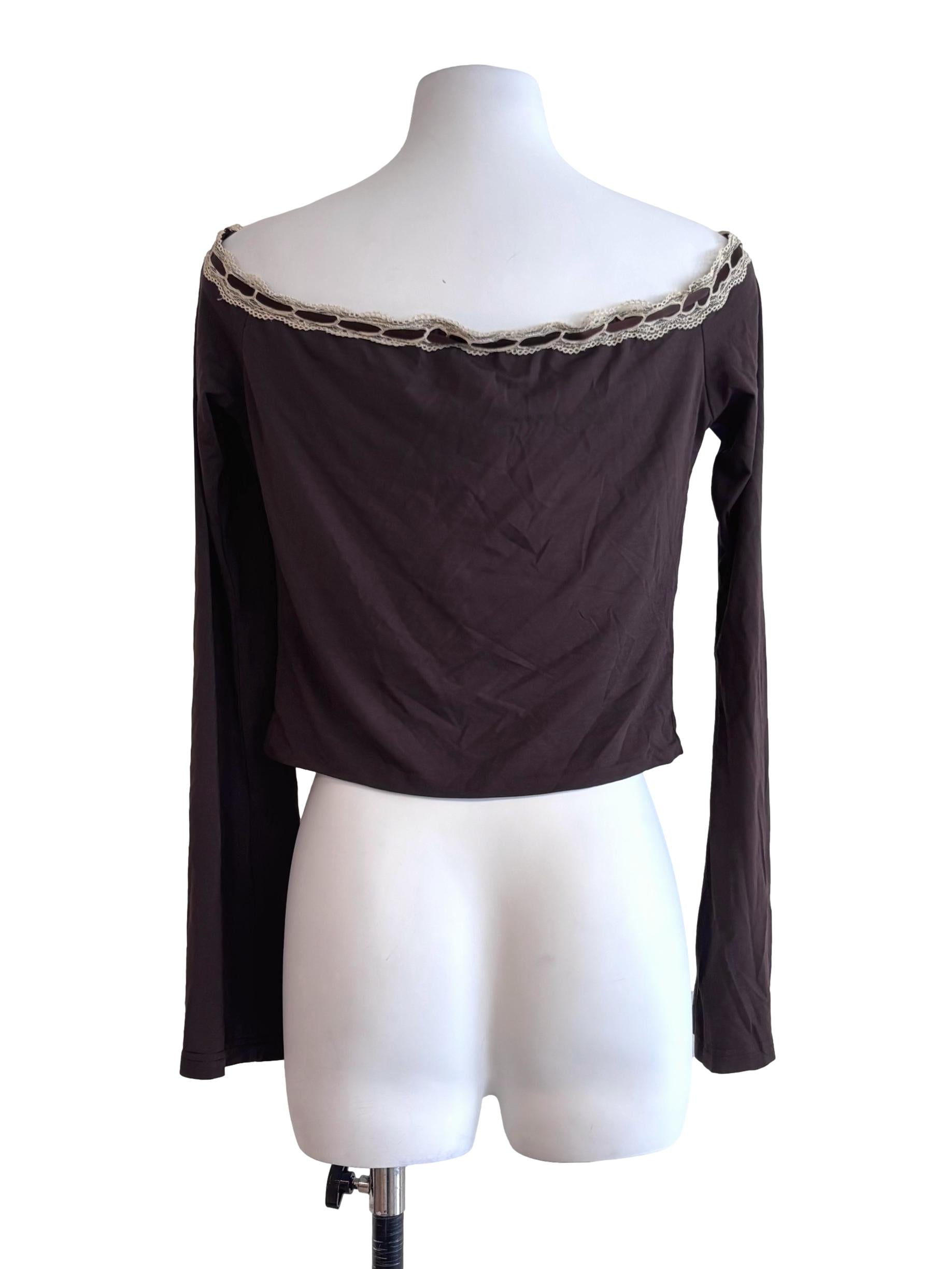 Dark Brown Lace Neckline Top