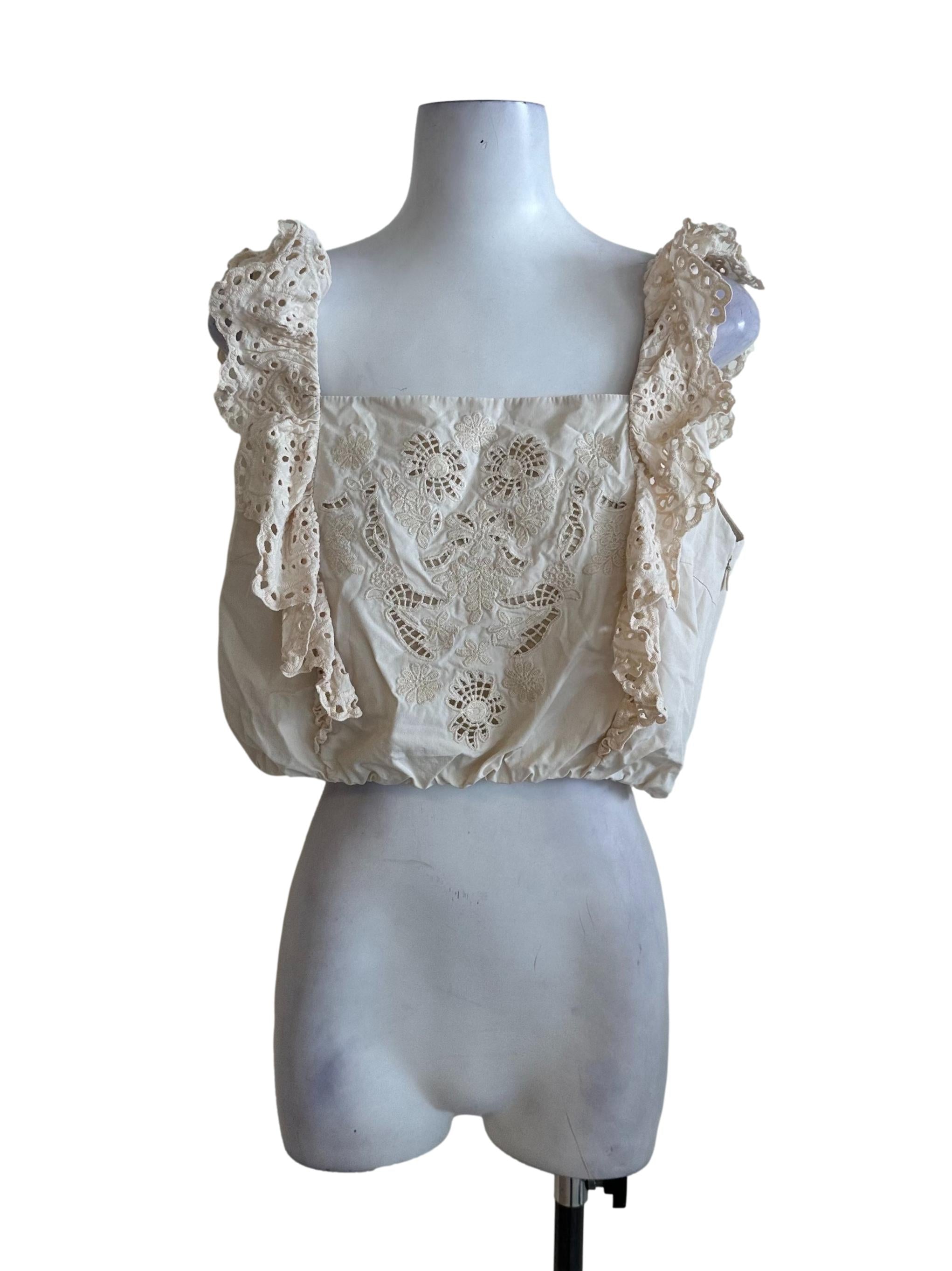 Sand Beige Eyelet Embroidery Square Neck Top