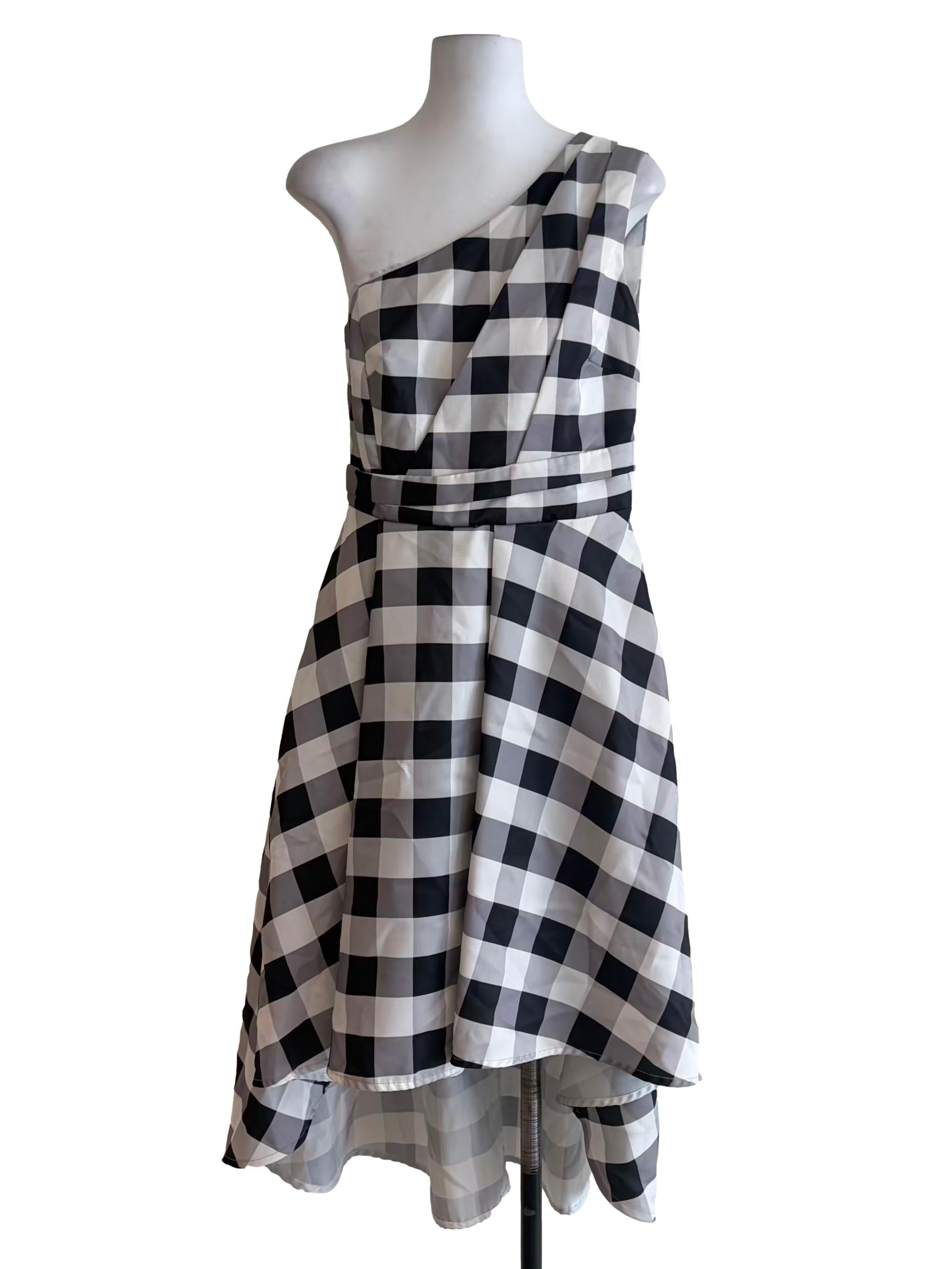 Porcelain White Plaid High Low Asymmetrical Dress