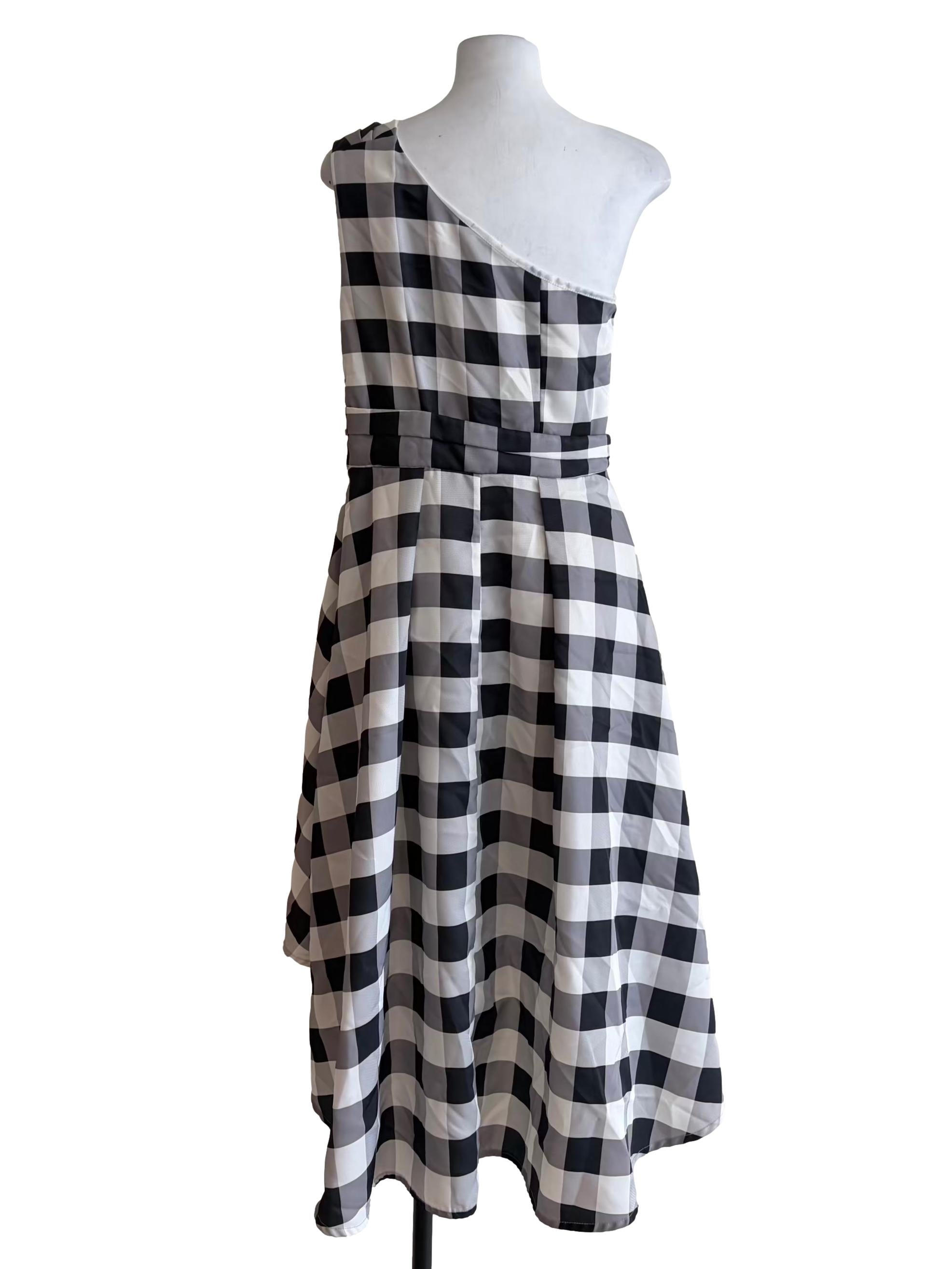 Porcelain White Plaid High Low Asymmetrical Dress