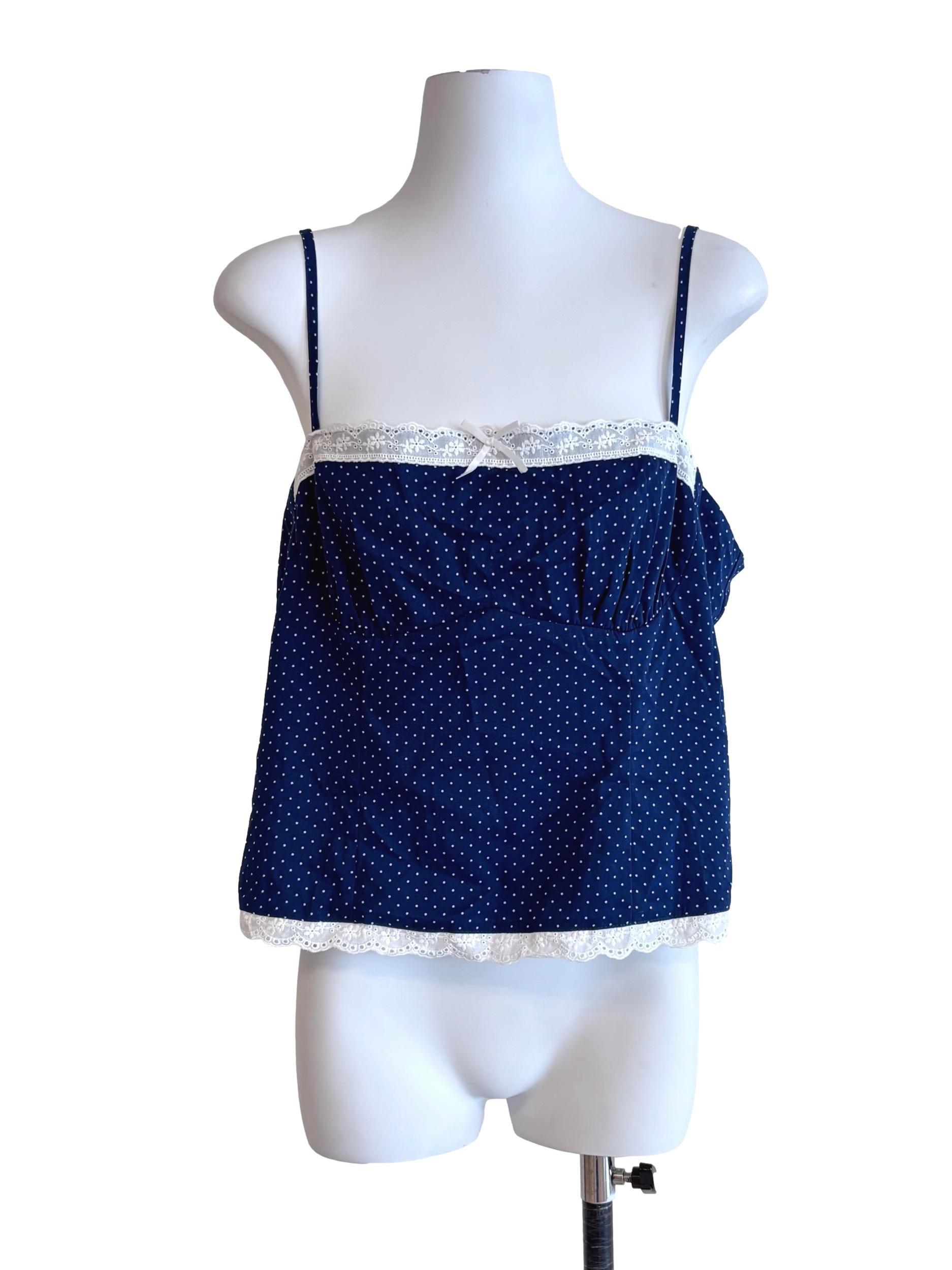 Navy Blue Polka Dot Lace Hem Top TTR