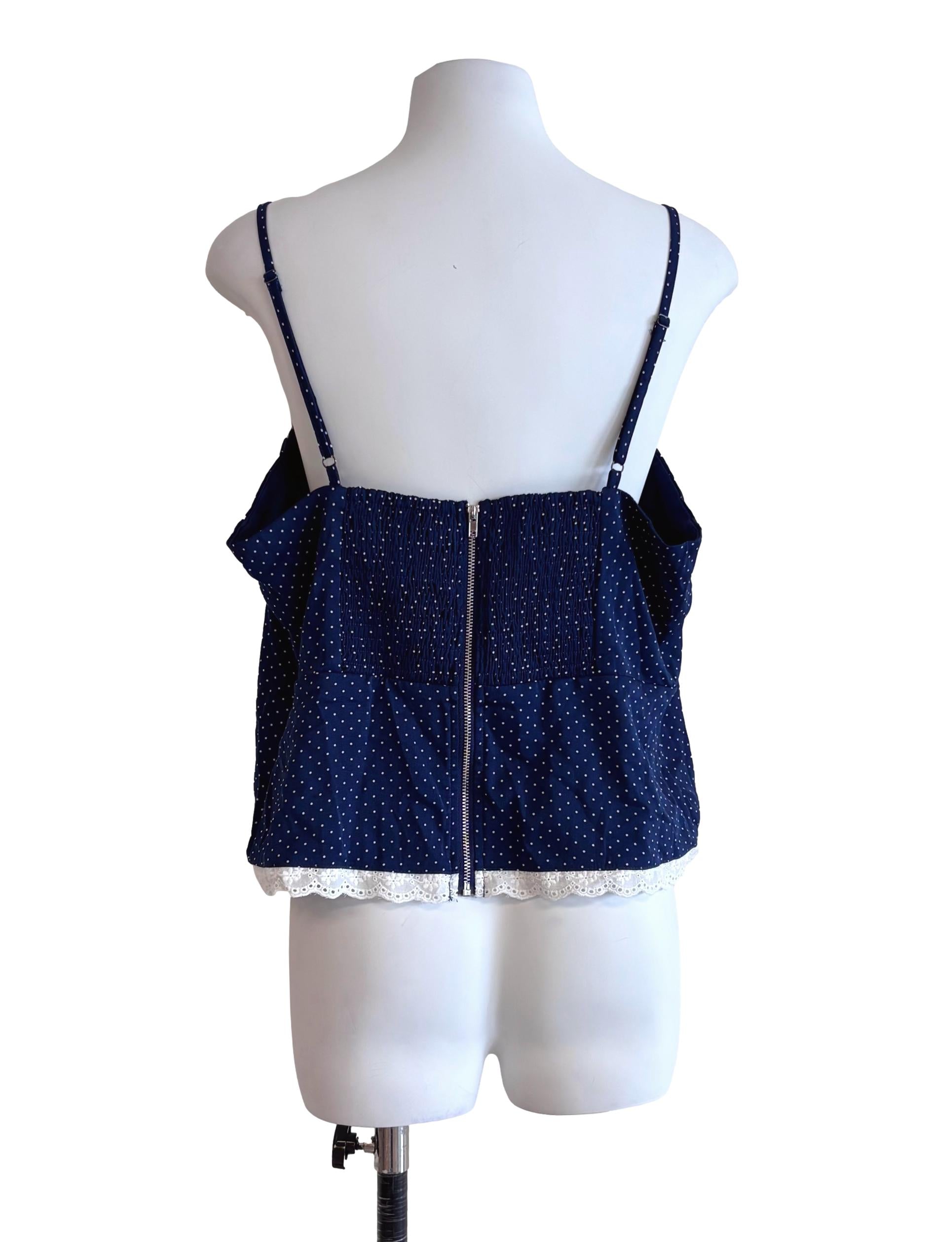 Navy Blue Polka Dot Lace Hem Top TTR