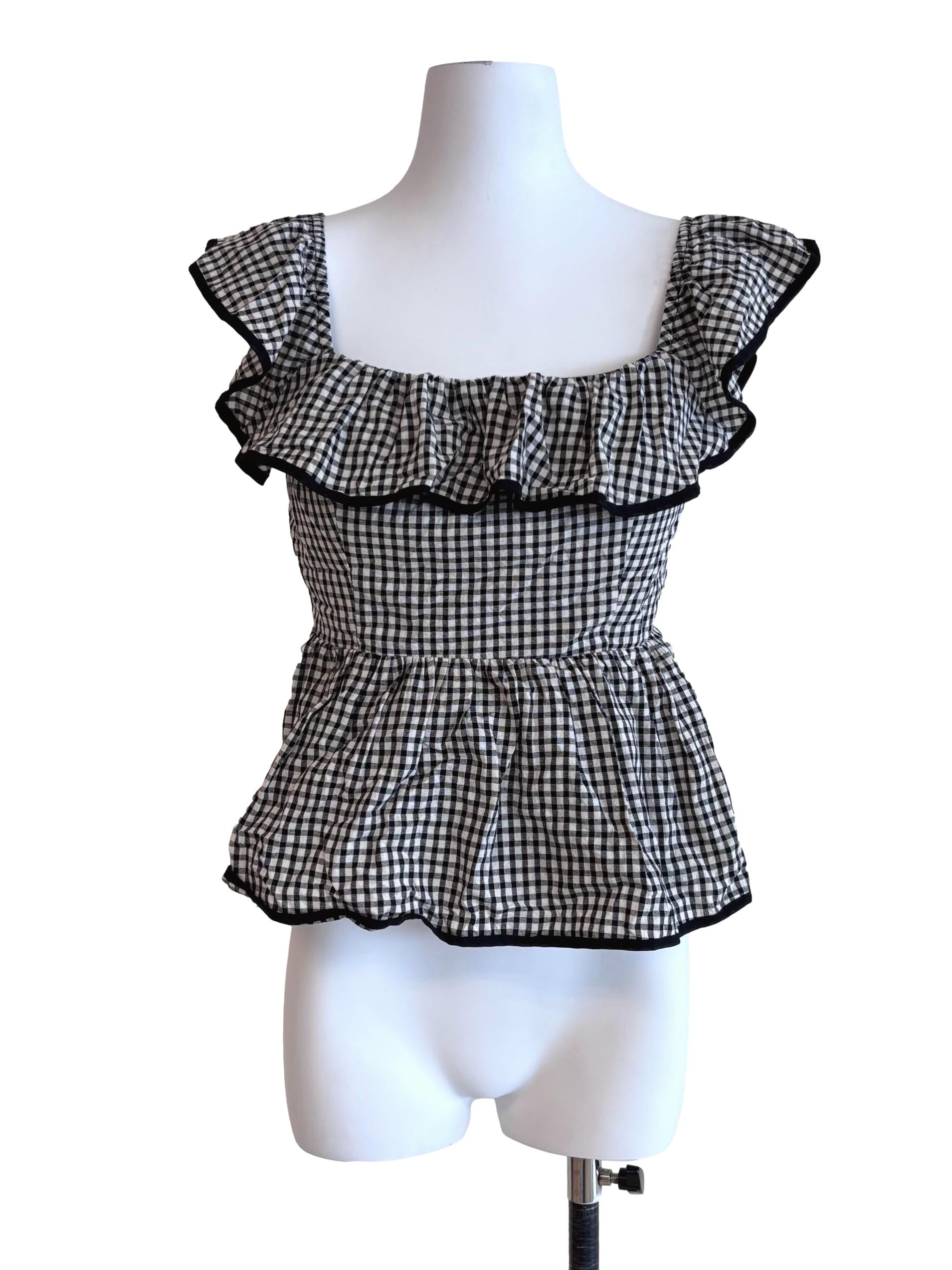 Black Gingham Padded Ruffle Top