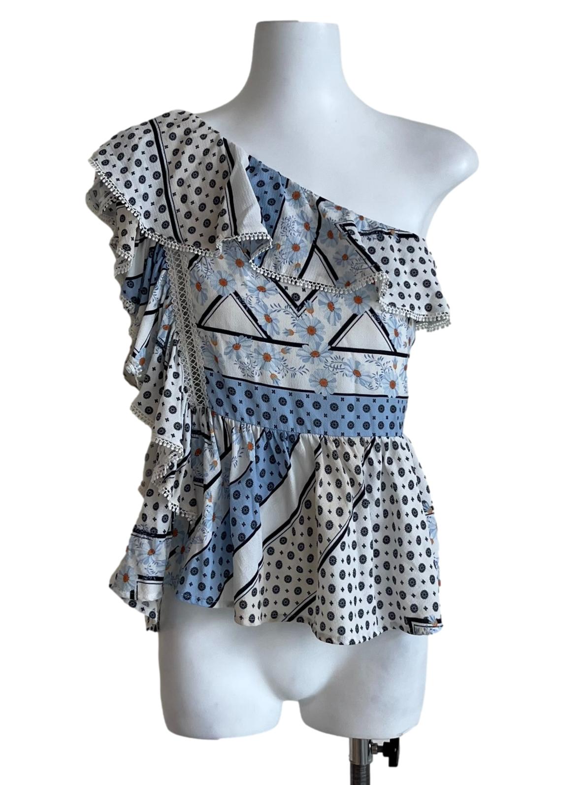 White Floral Asymmetrical Neckline Blouse
