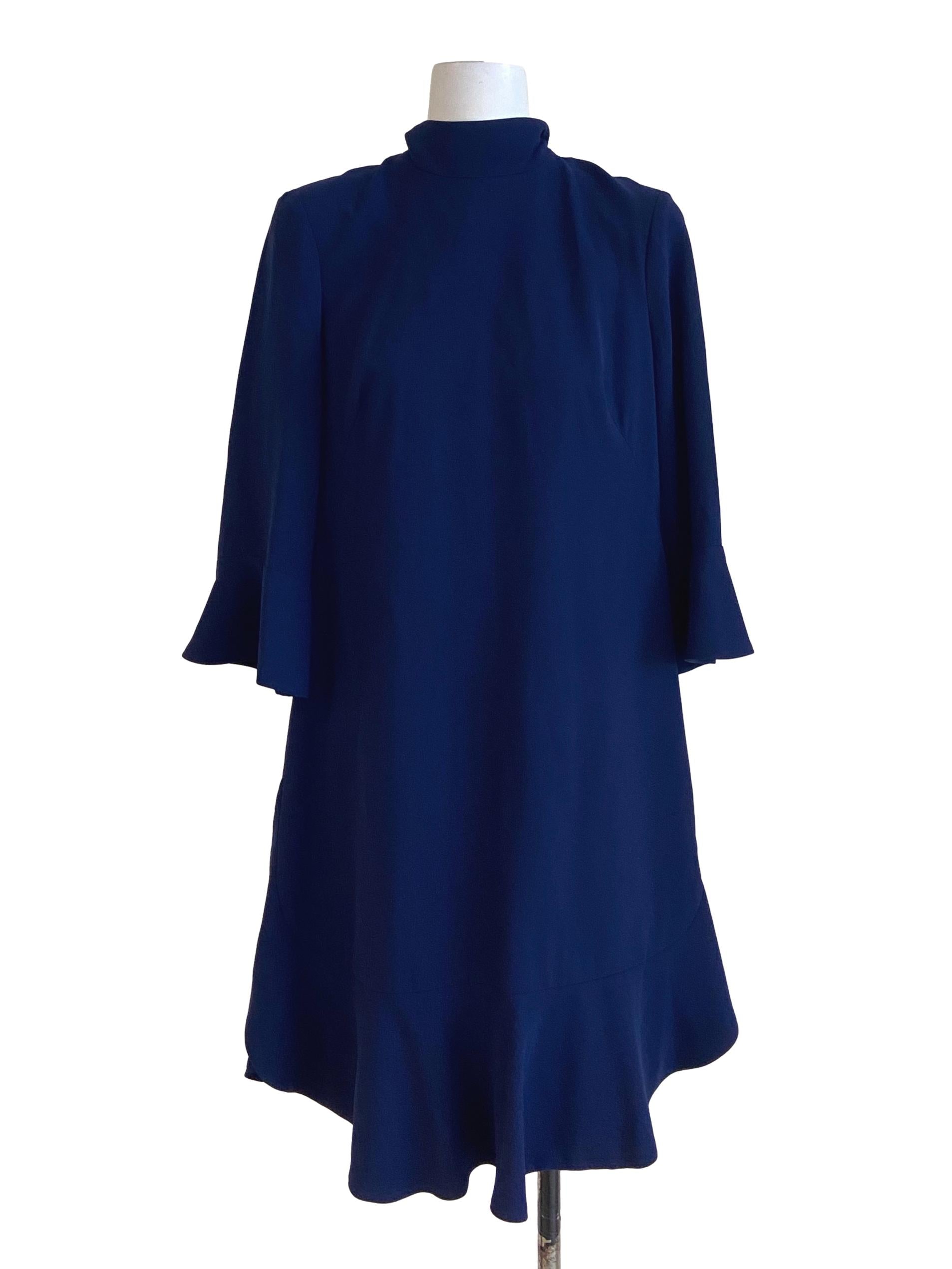 Navy Blue High Neck Drop Waist Dress