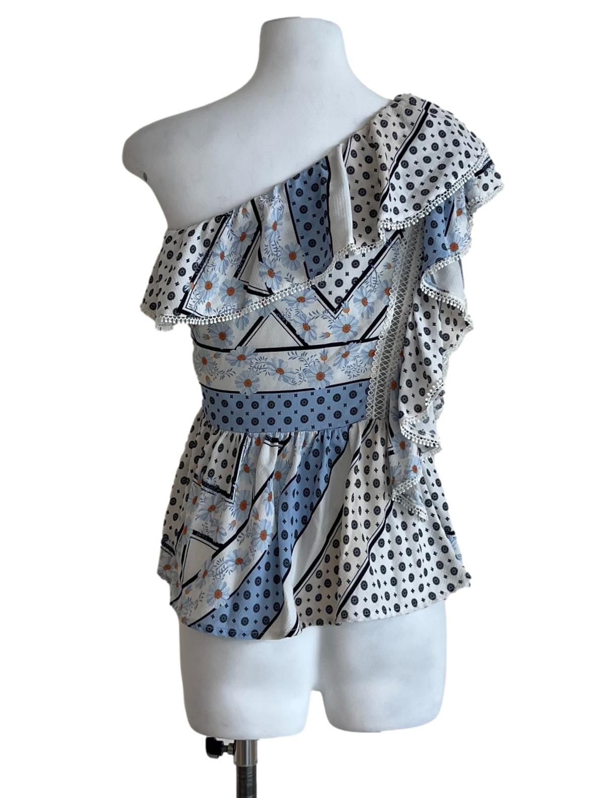 White Floral Asymmetrical Neckline Blouse