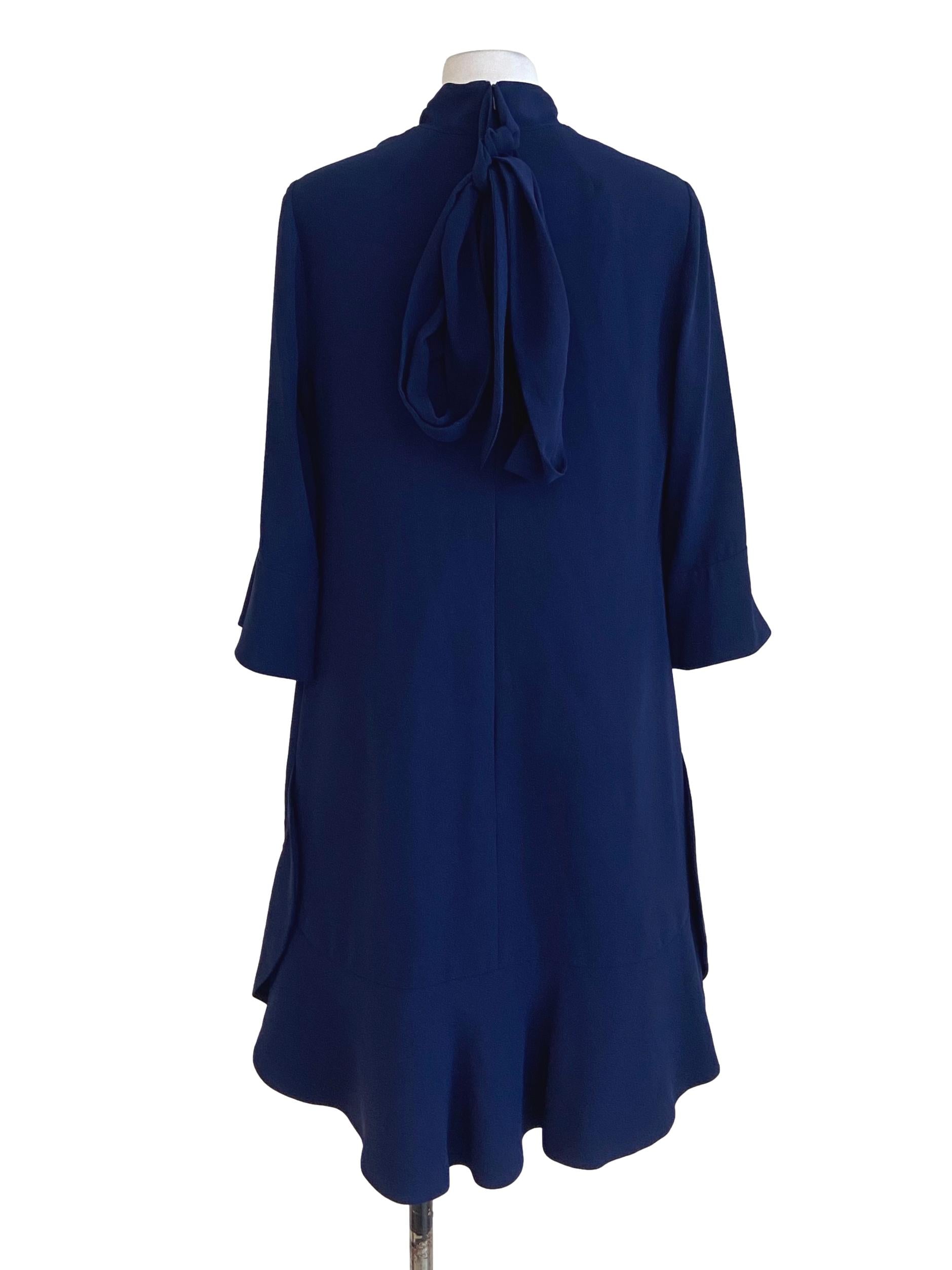 Navy Blue High Neck Drop Waist Dress