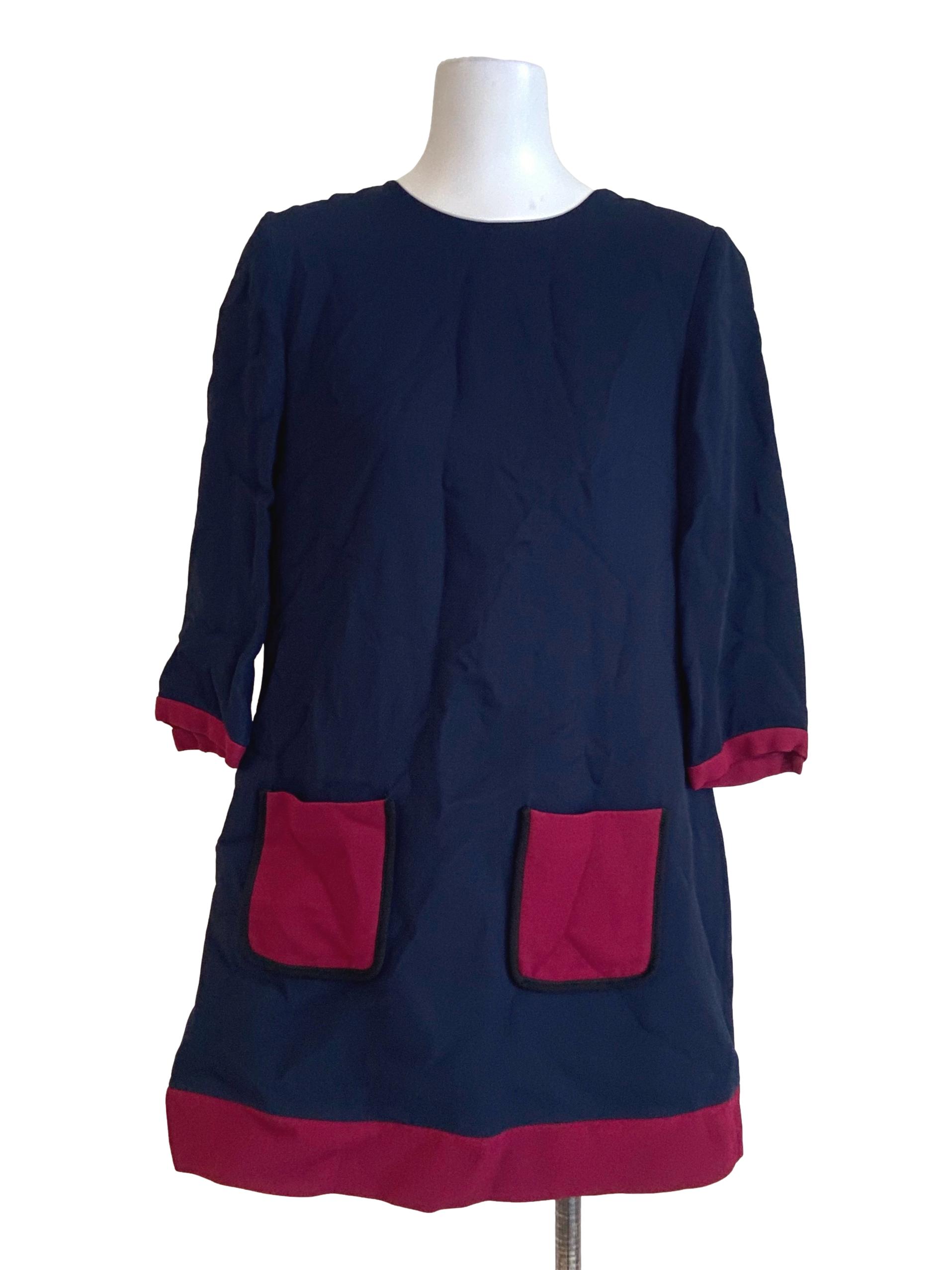 Dark Blue & Red Herringbone Shift Dress
