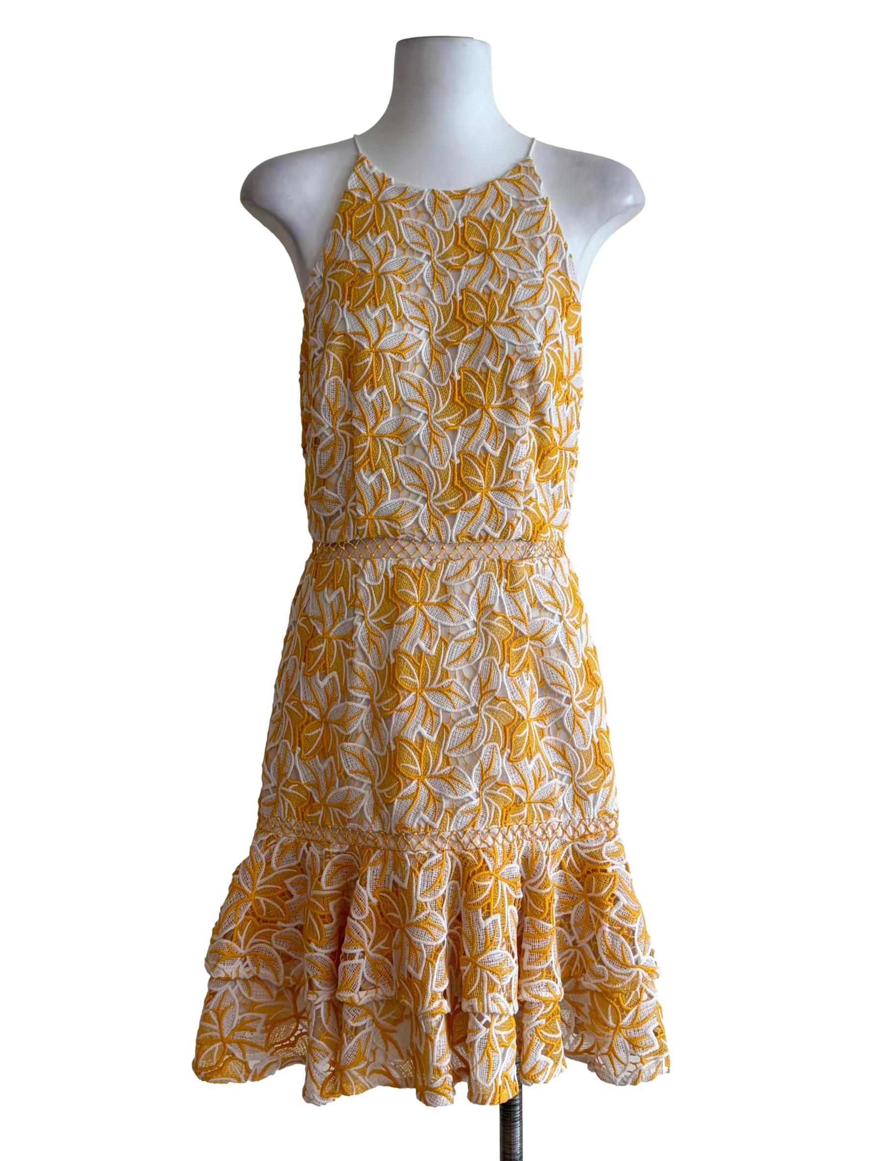 Lemon Yellow Leaf Embroidered Babydoll Dress