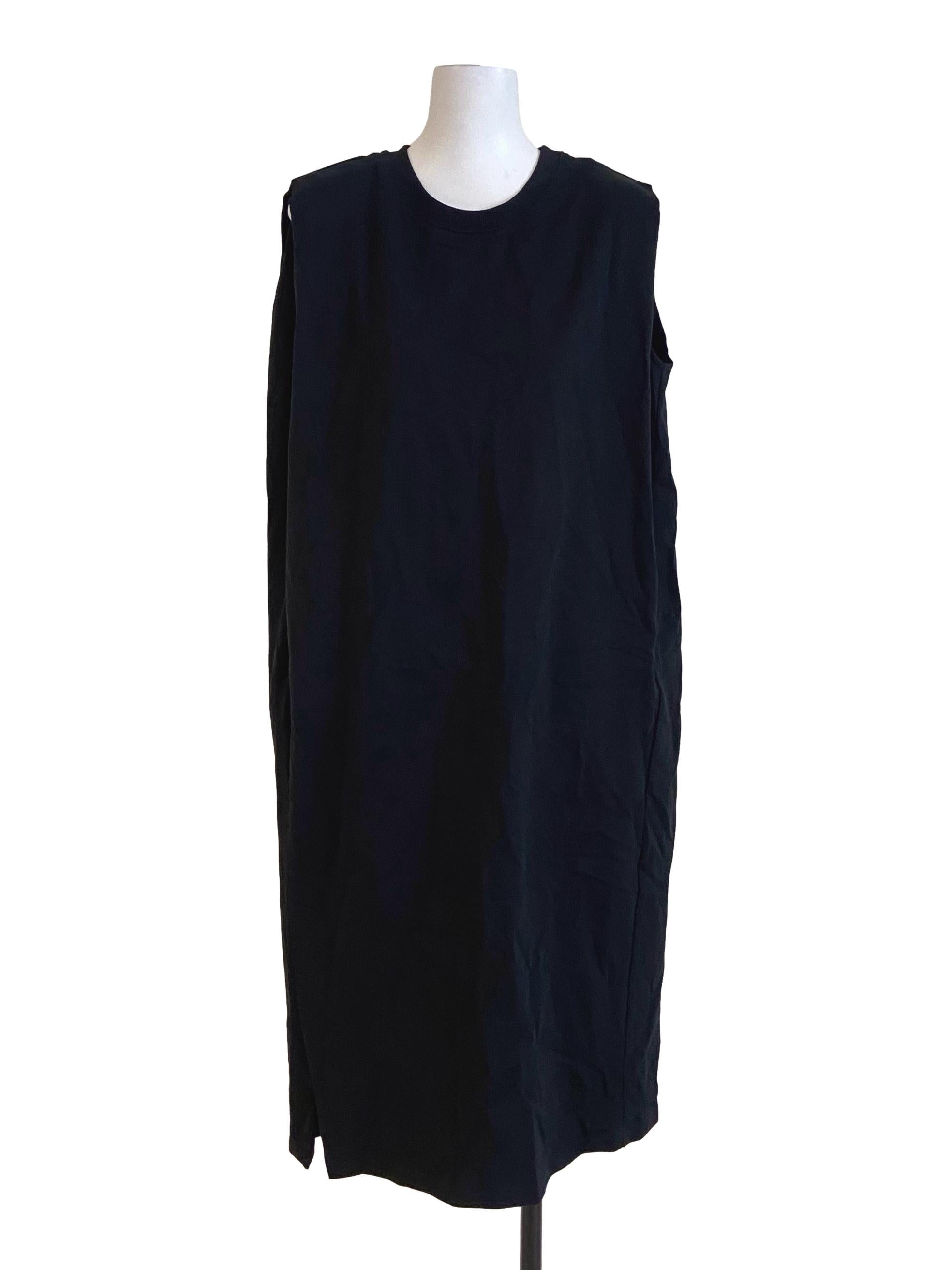 Black Sleeveless Slit Twill Dress