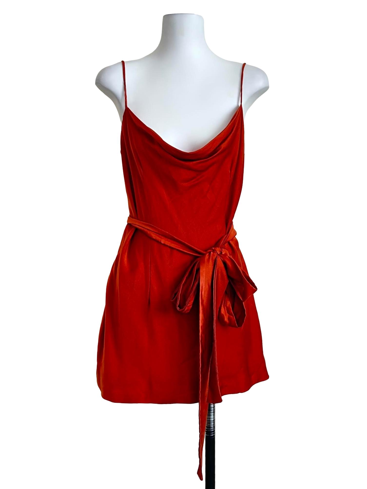 Orange Satin Cowl Side Tie Mini Dress