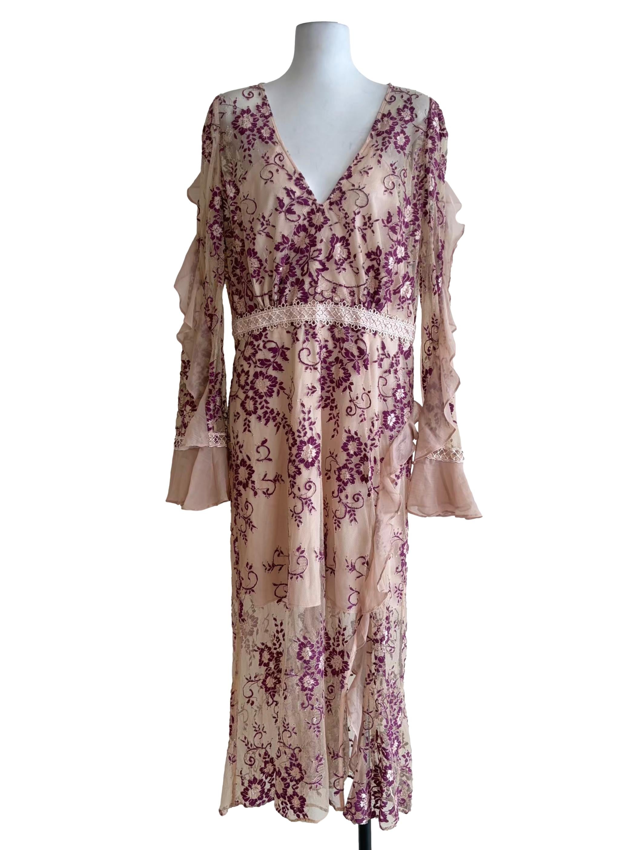 Peach Beige Mauve Floral Mesh Embroidered Dress