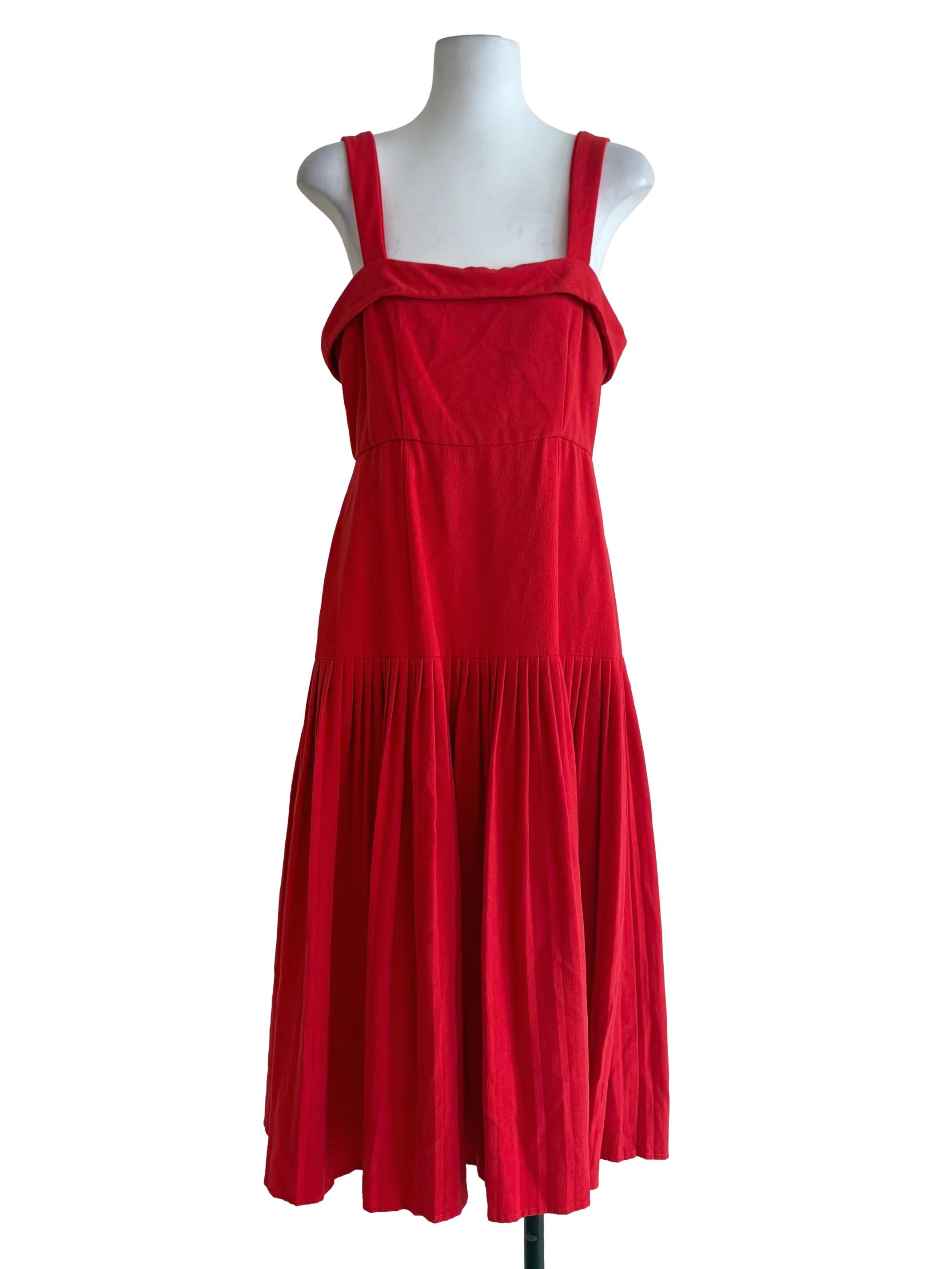 Candy Red Pleated Bottom Apron Dress