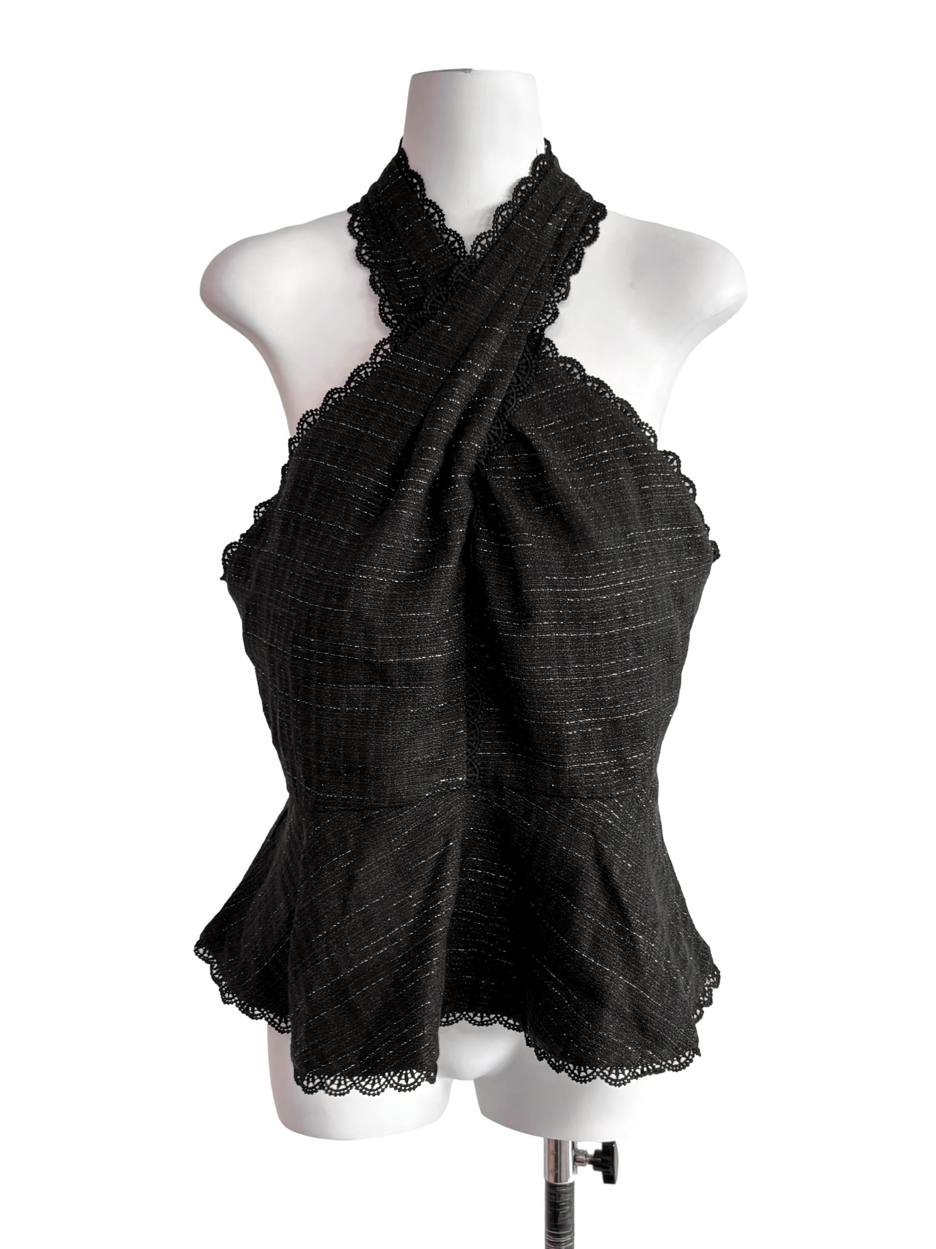 Black Cross Front Tweed Top