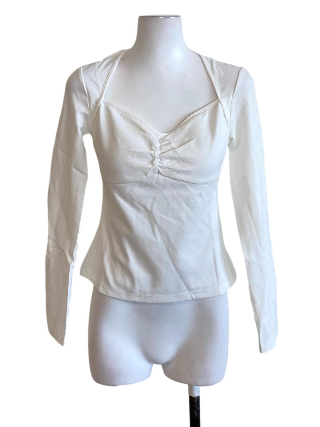 Soft White Square Neck Wrap Bust Long Sleeve Fit Shirt