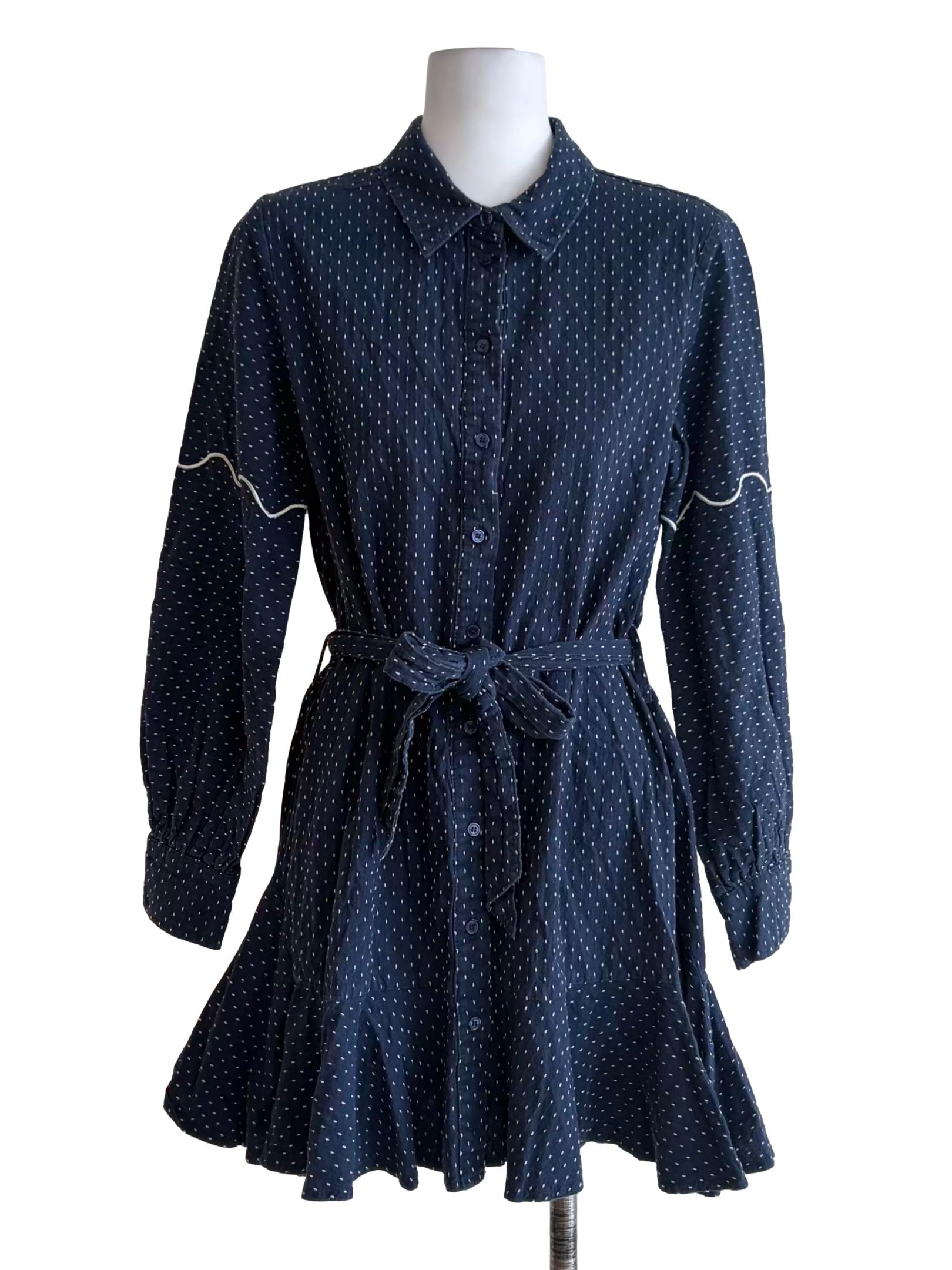 Dark Blue Polka Dot Collared Long Sleeve Dress