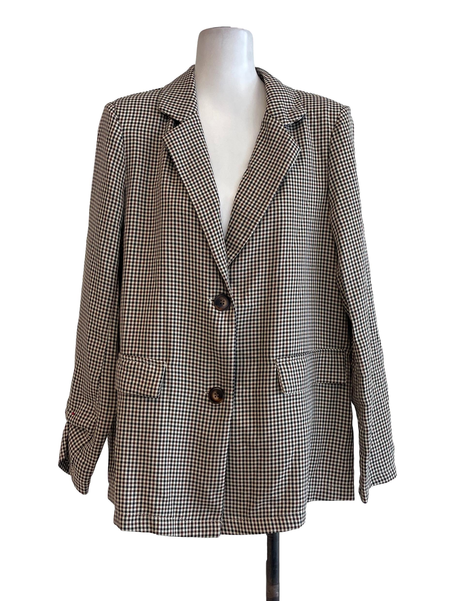 Beige Houndstooth Pattern Single Breasted Blazer