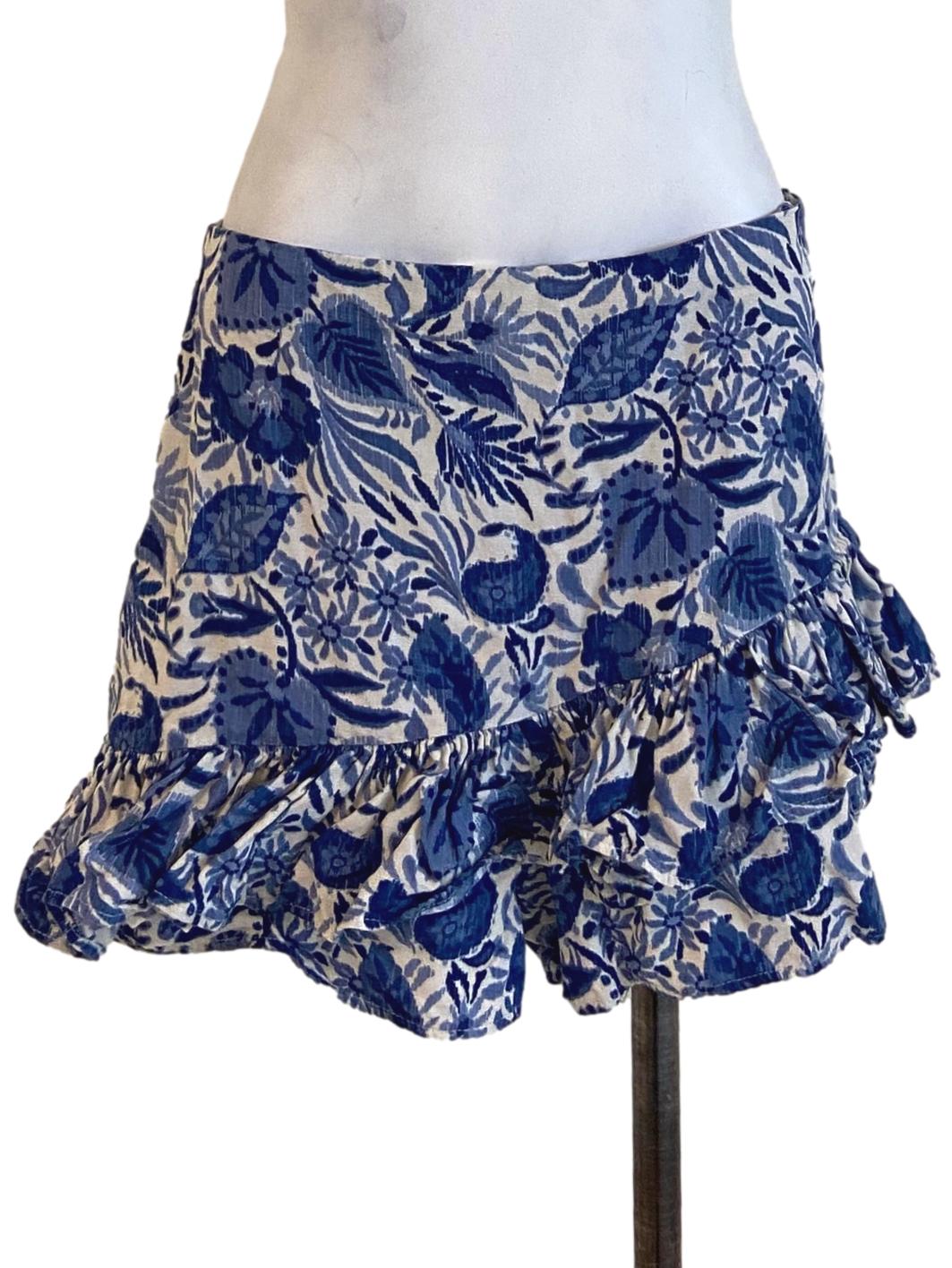 White & Blue Floral Ruffled Shorts