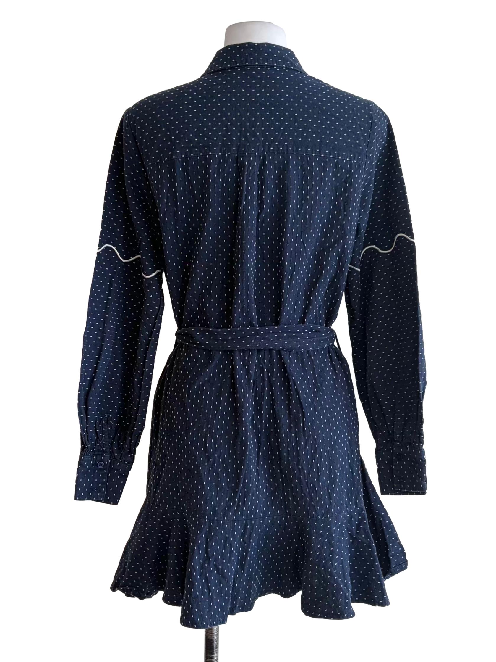 Dark Blue Polka Dot Collared Long Sleeve Dress