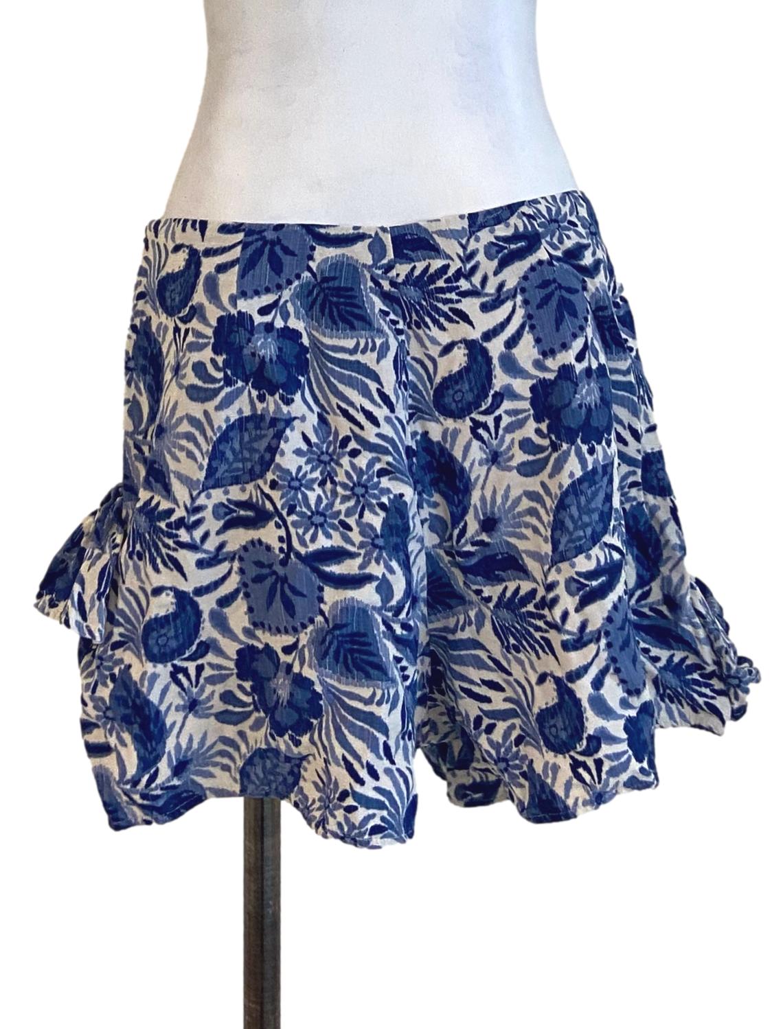 White & Blue Floral Ruffled Shorts