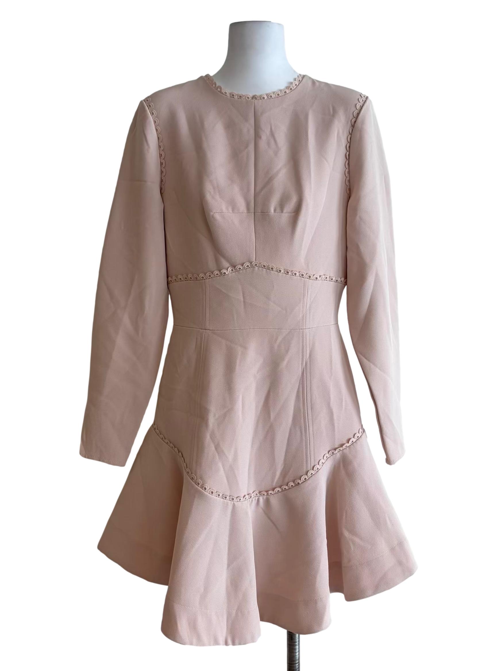 Chalk Beige Scalloped Lace Trim Long Sleeve Dress