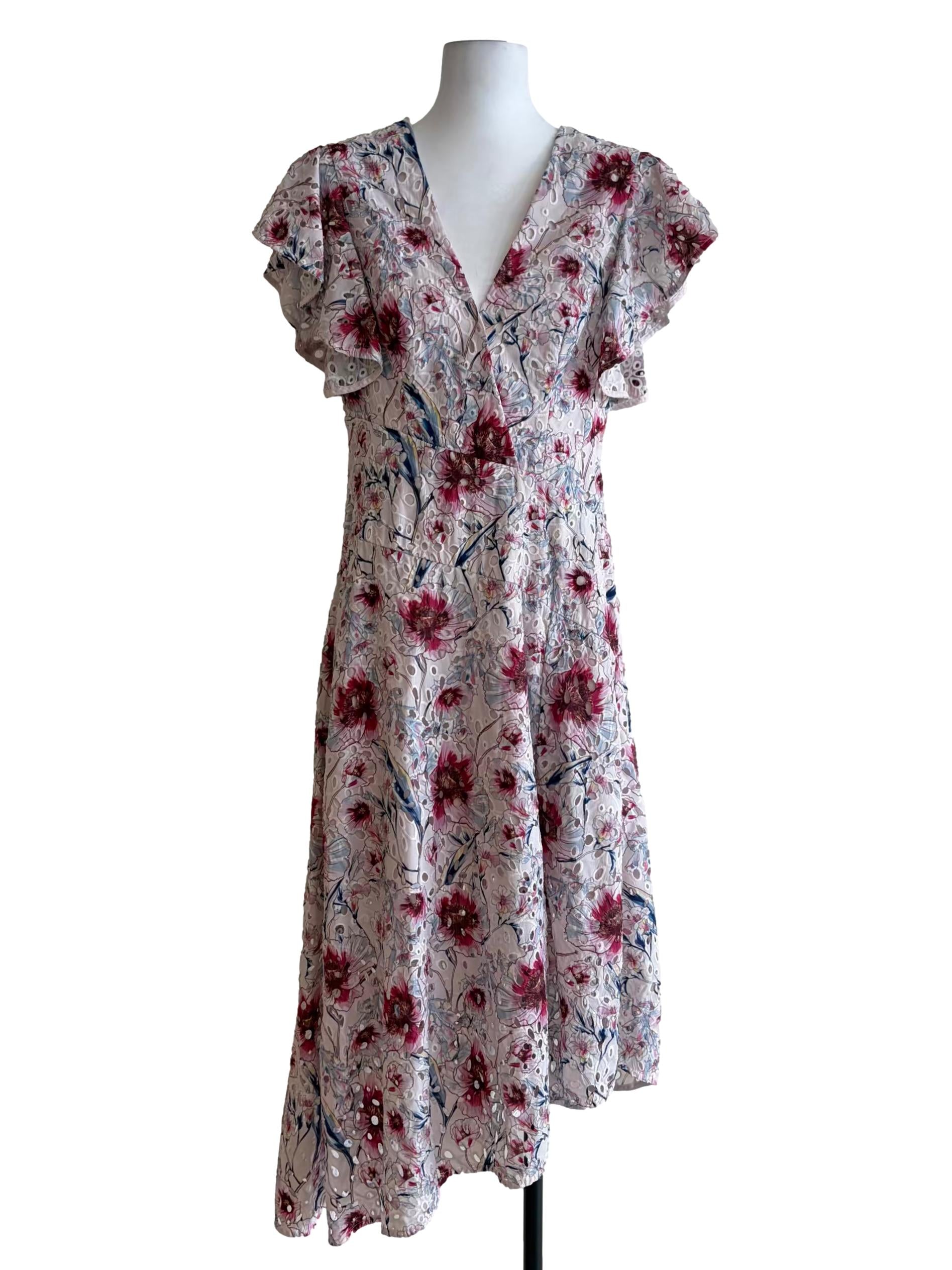 Blush Pink Floral Pattern Eyelet Design Flutter Sleeve Dress