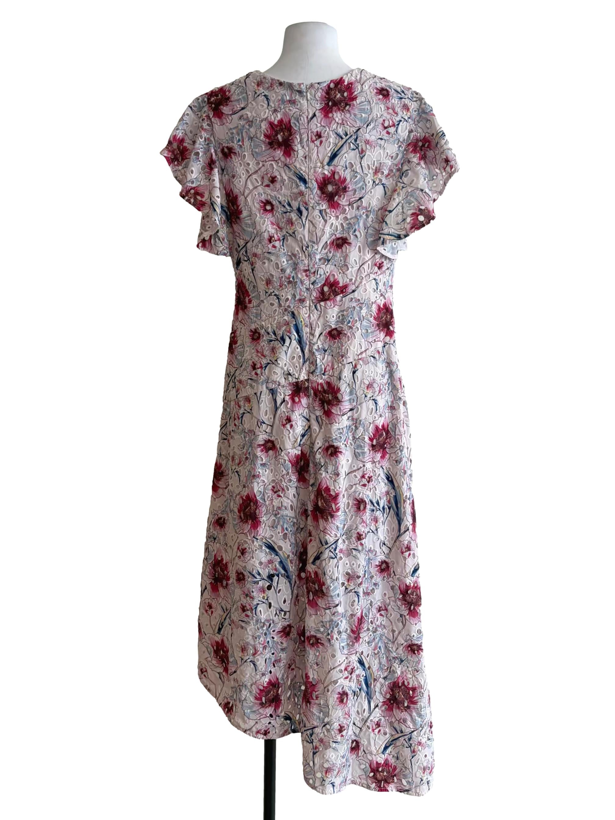 Blush Pink Floral Pattern Eyelet Design Flutter Sleeve Dress