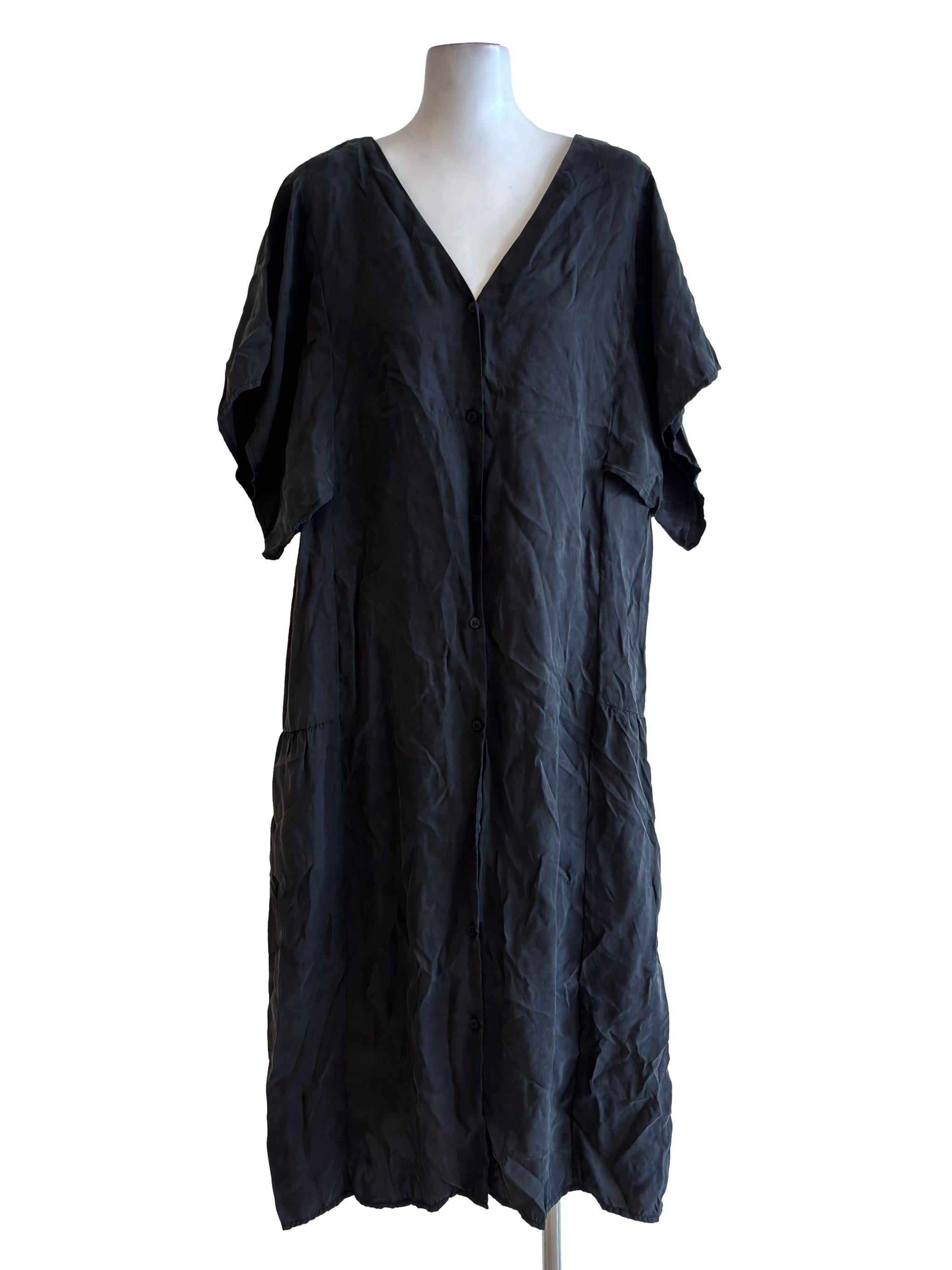 Charcoal Black V Neck Button Front Dress