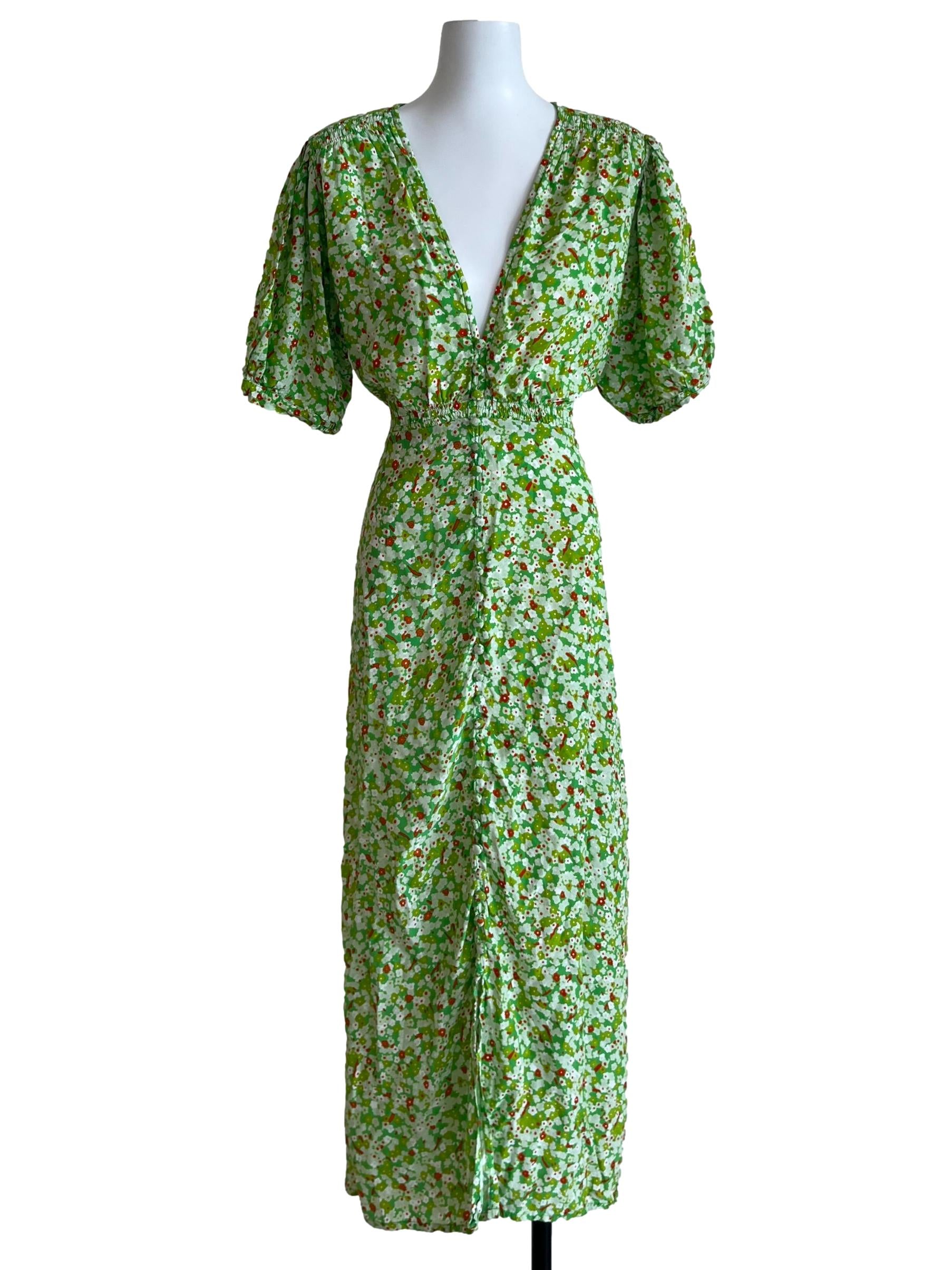 Lime Green Floral V-Neckline Button Dress