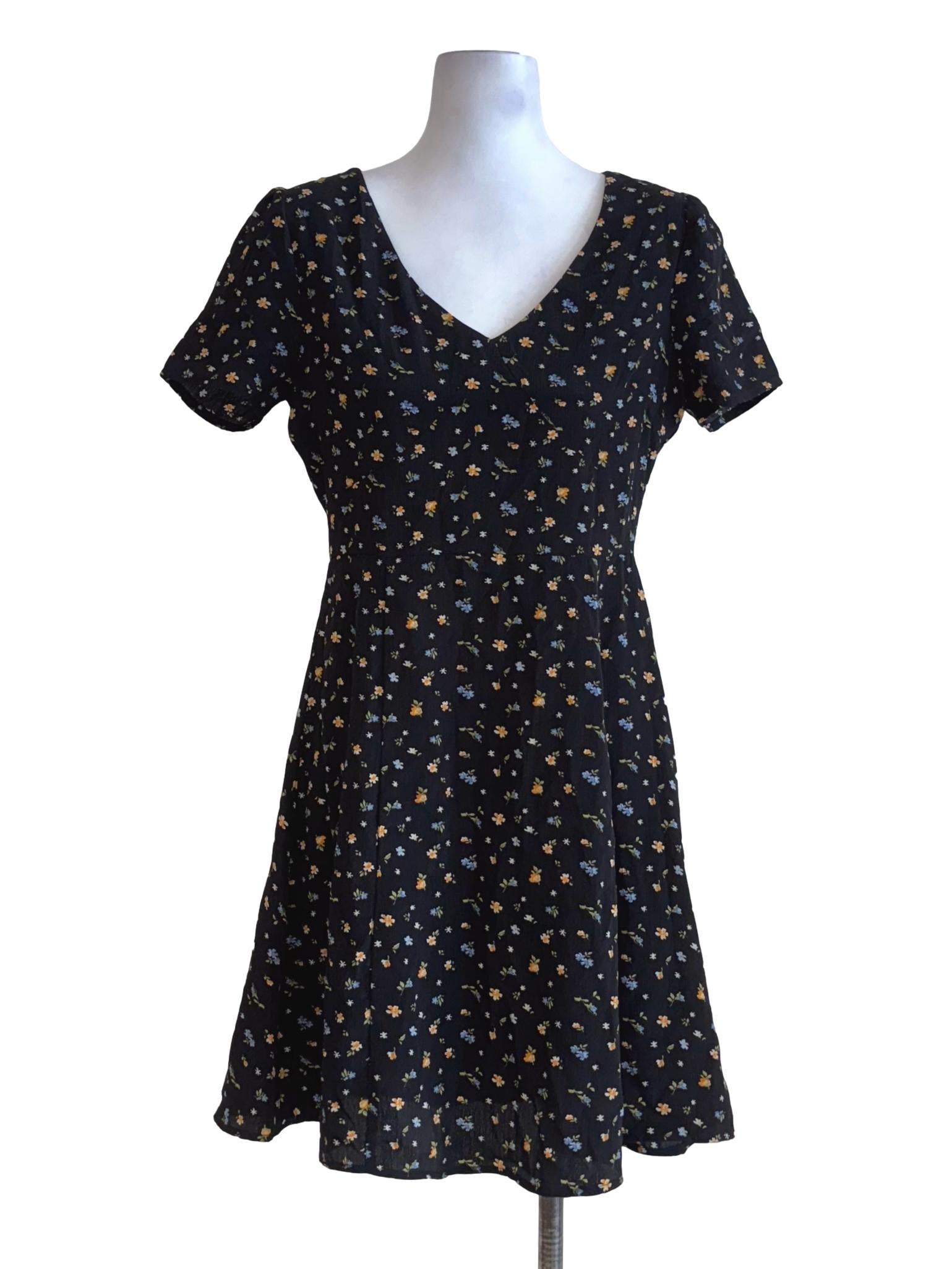 Jet Black Floral A-Line Dress