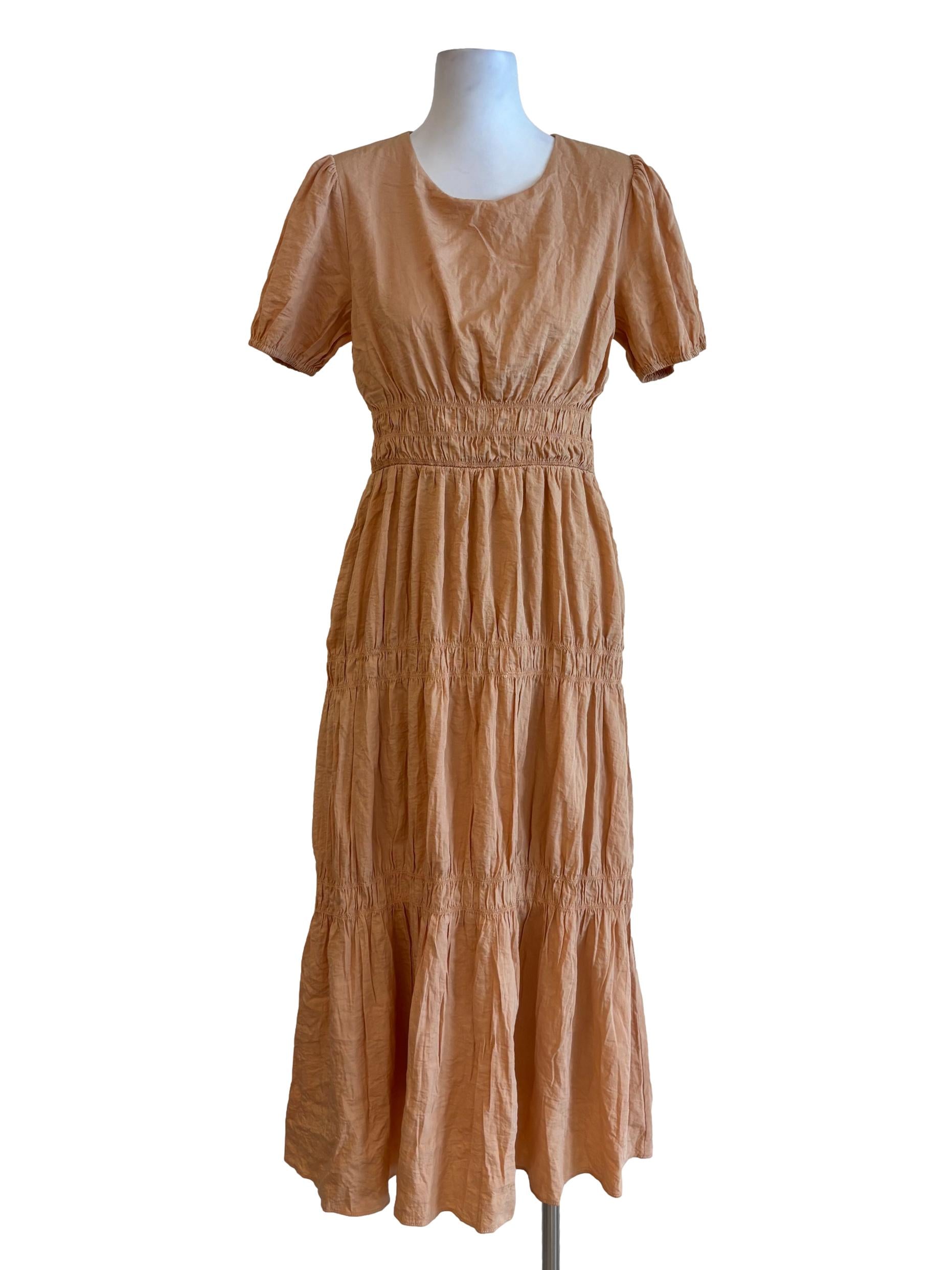 Apricot Fitted Waist Cotton Tier Dress