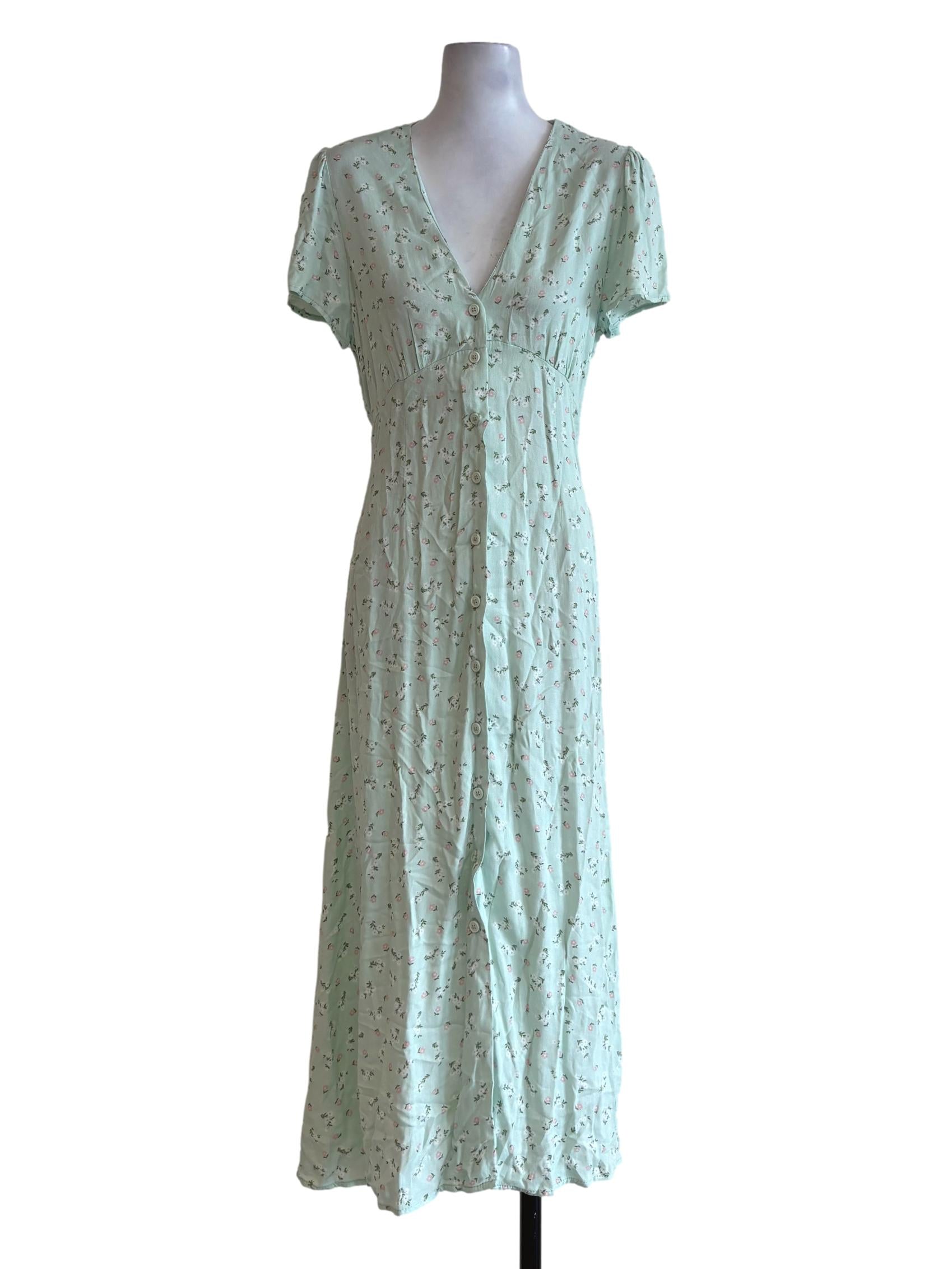 Mint Green Floral Buttoned Dress