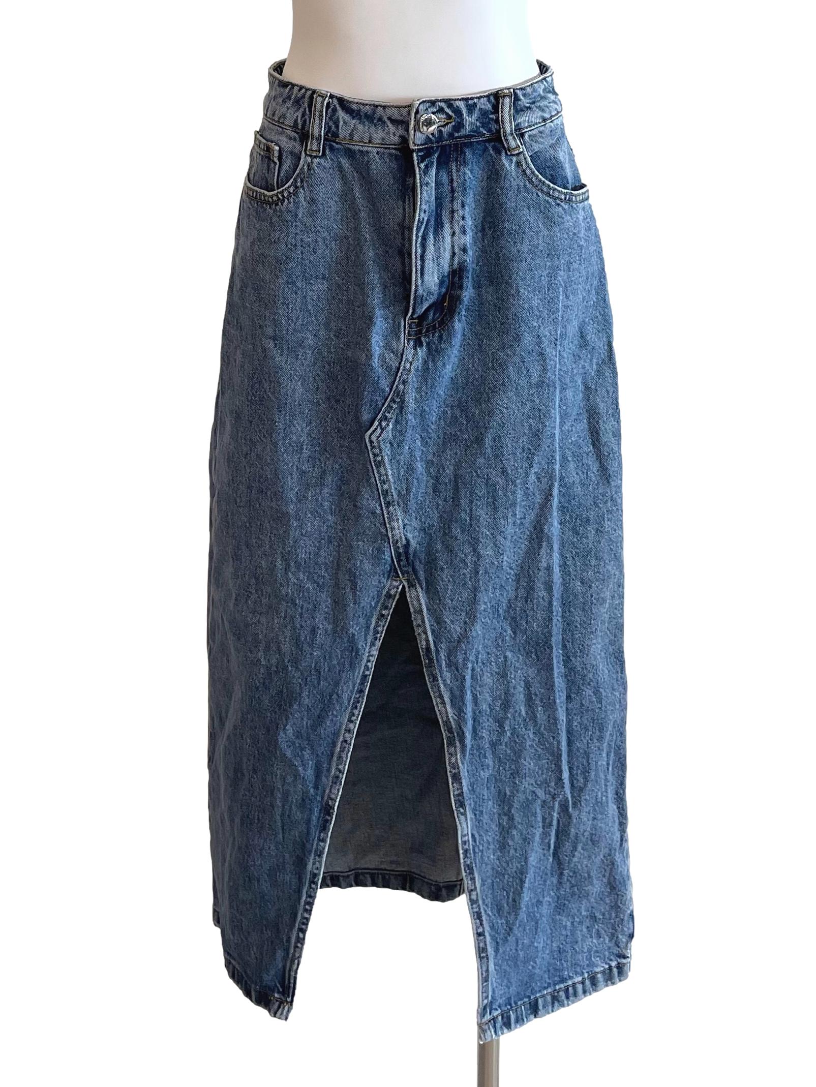 Ash Blue Front Slit Denim Skirt