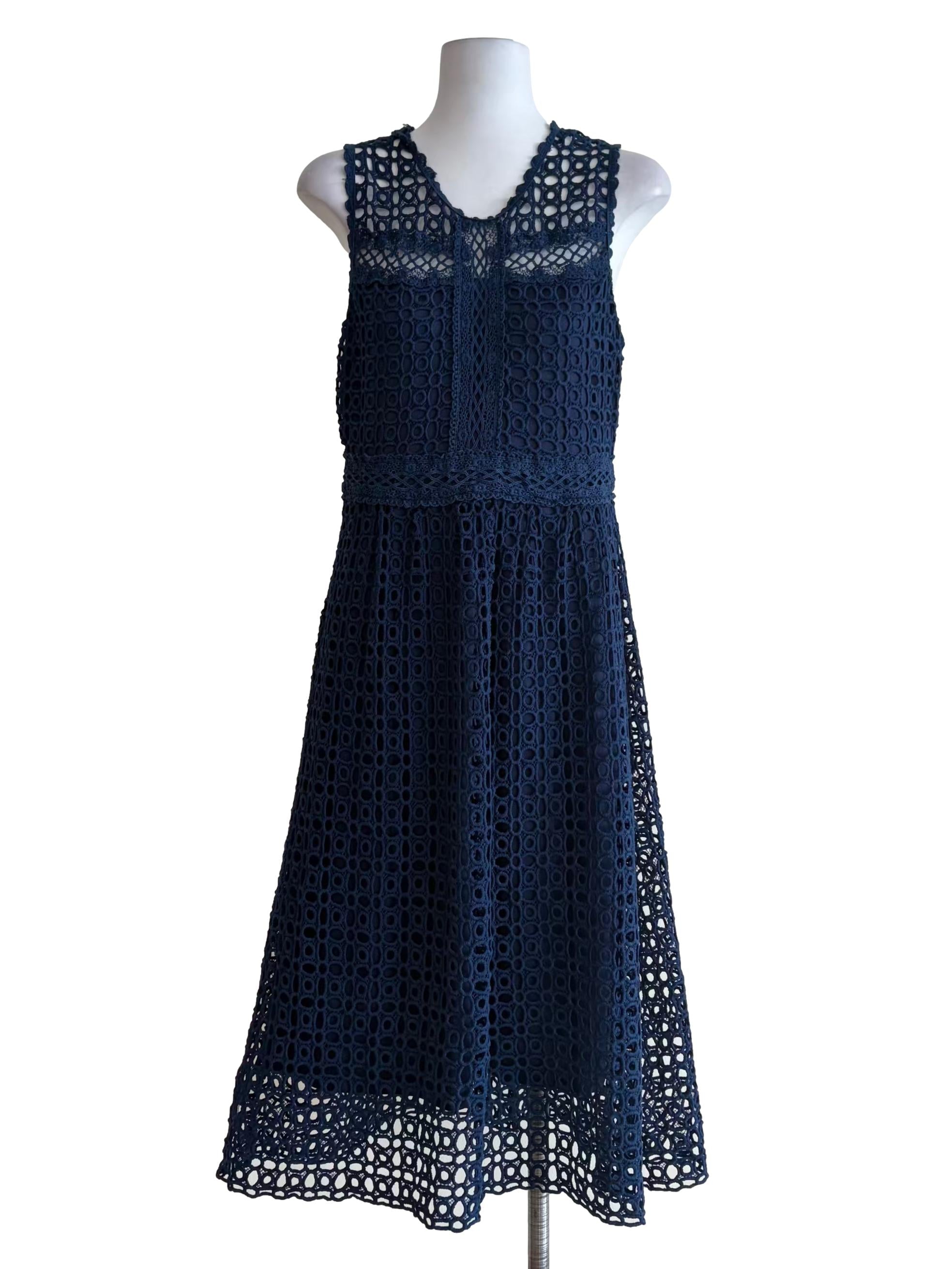 Midnight Blue Eyelet Pattern Apron Dress
