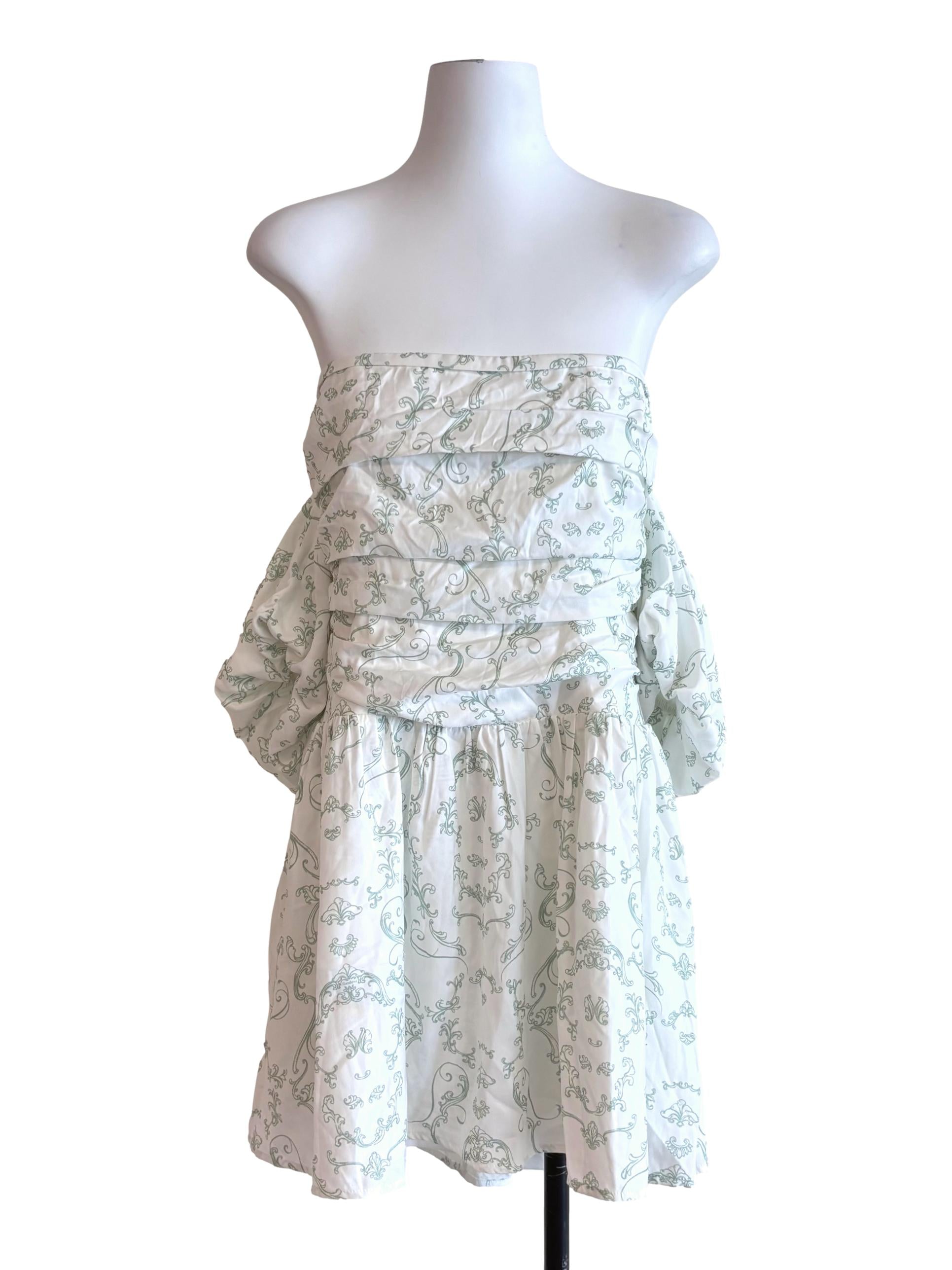 White Prints Pleated Detachable Sleeve Dress