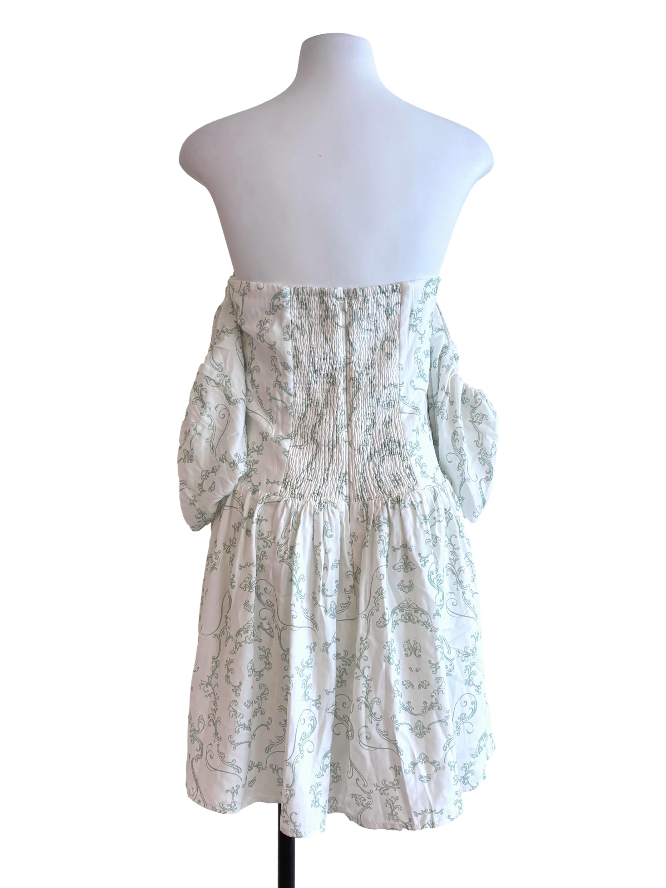 White Prints Pleated Detachable Sleeve Dress