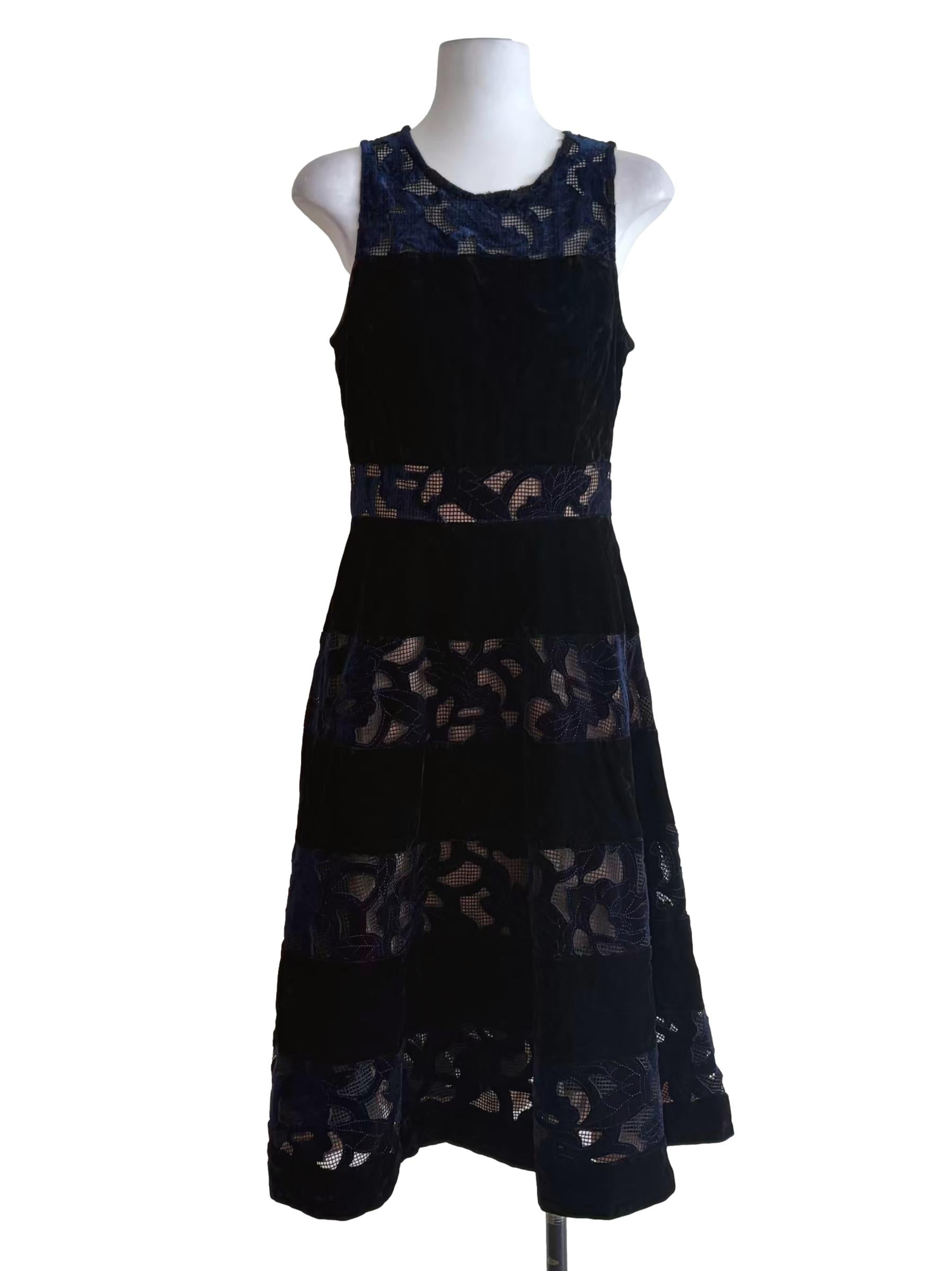 Crow Black Blue Laced Velvet A-Line Dress