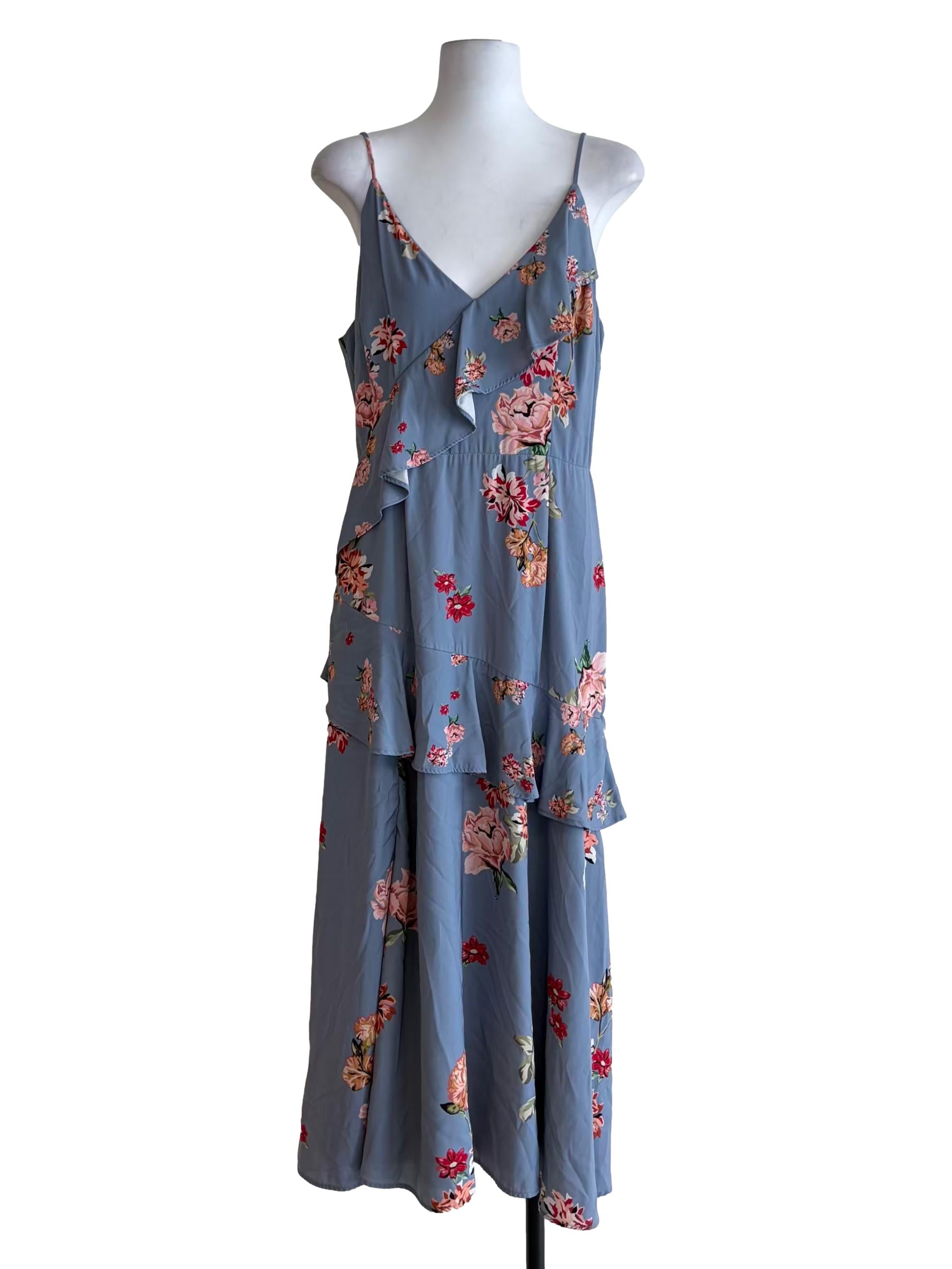 Stone Blue Floral Print Slip Dress