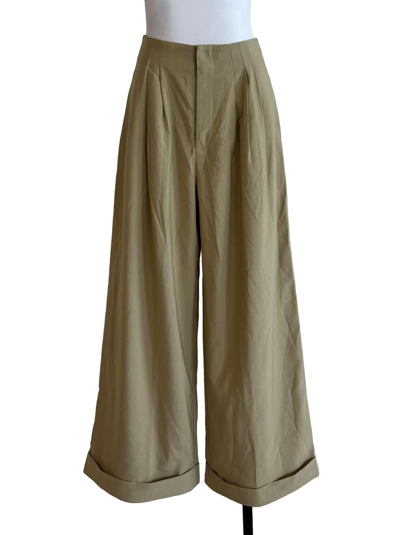 Khaki Brown Wide Pleated Pants