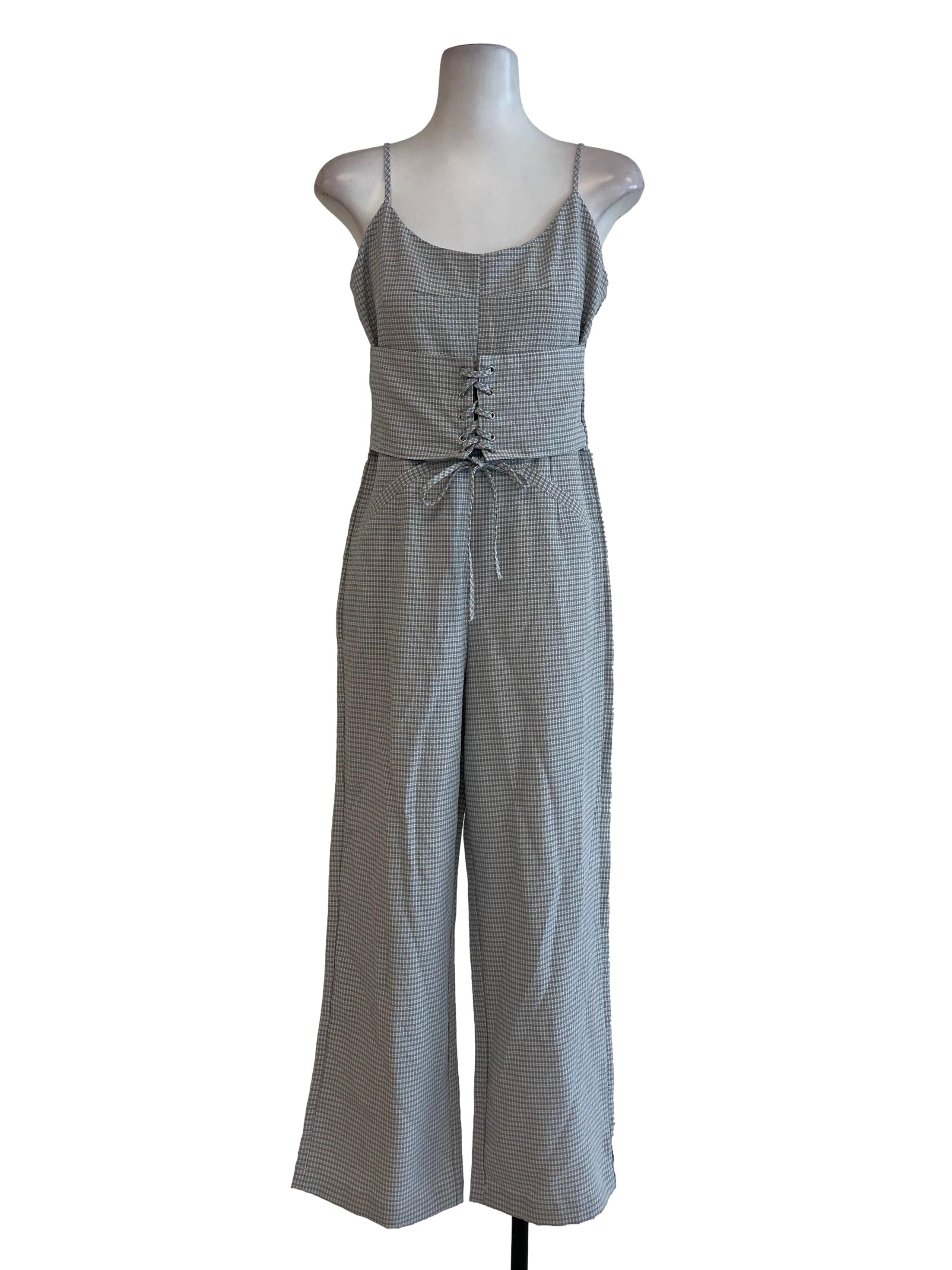 Bone Grey Gingham Corset Jumpsuit