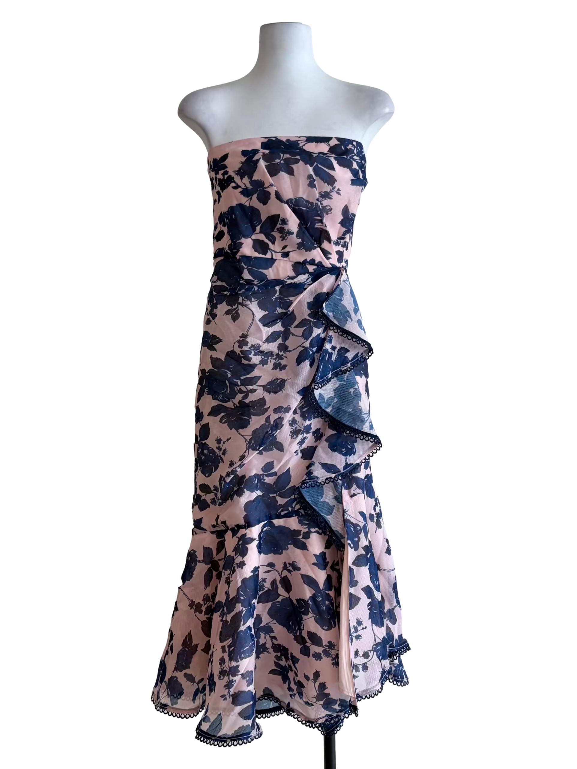 Blush Pink Blue Floral Mesh Print Strapless Dress
