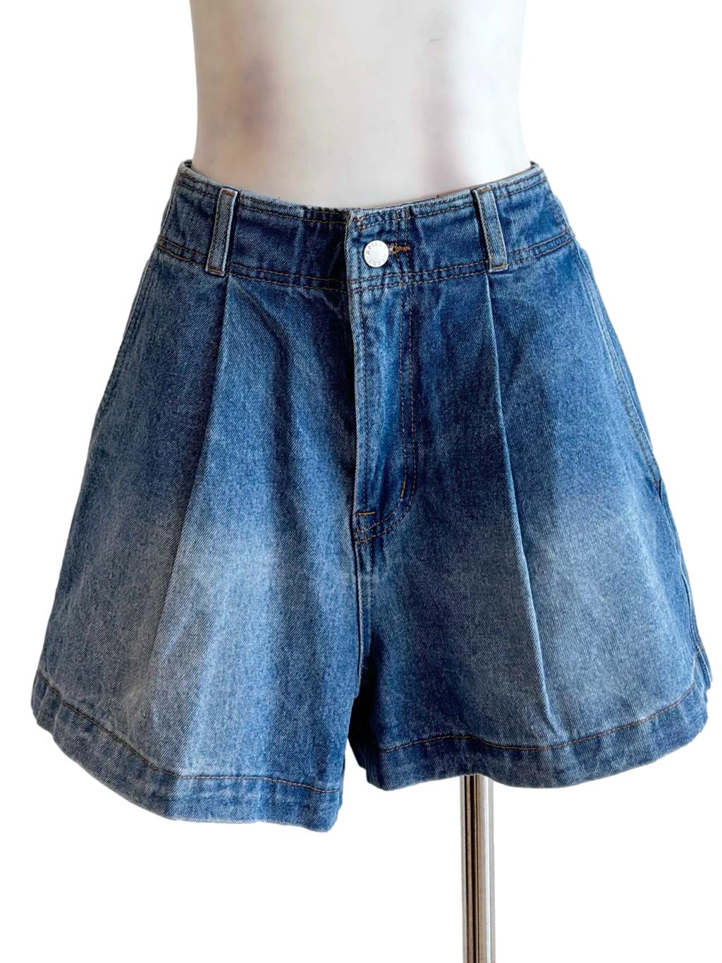Denim Blue Pleated High Rise Short