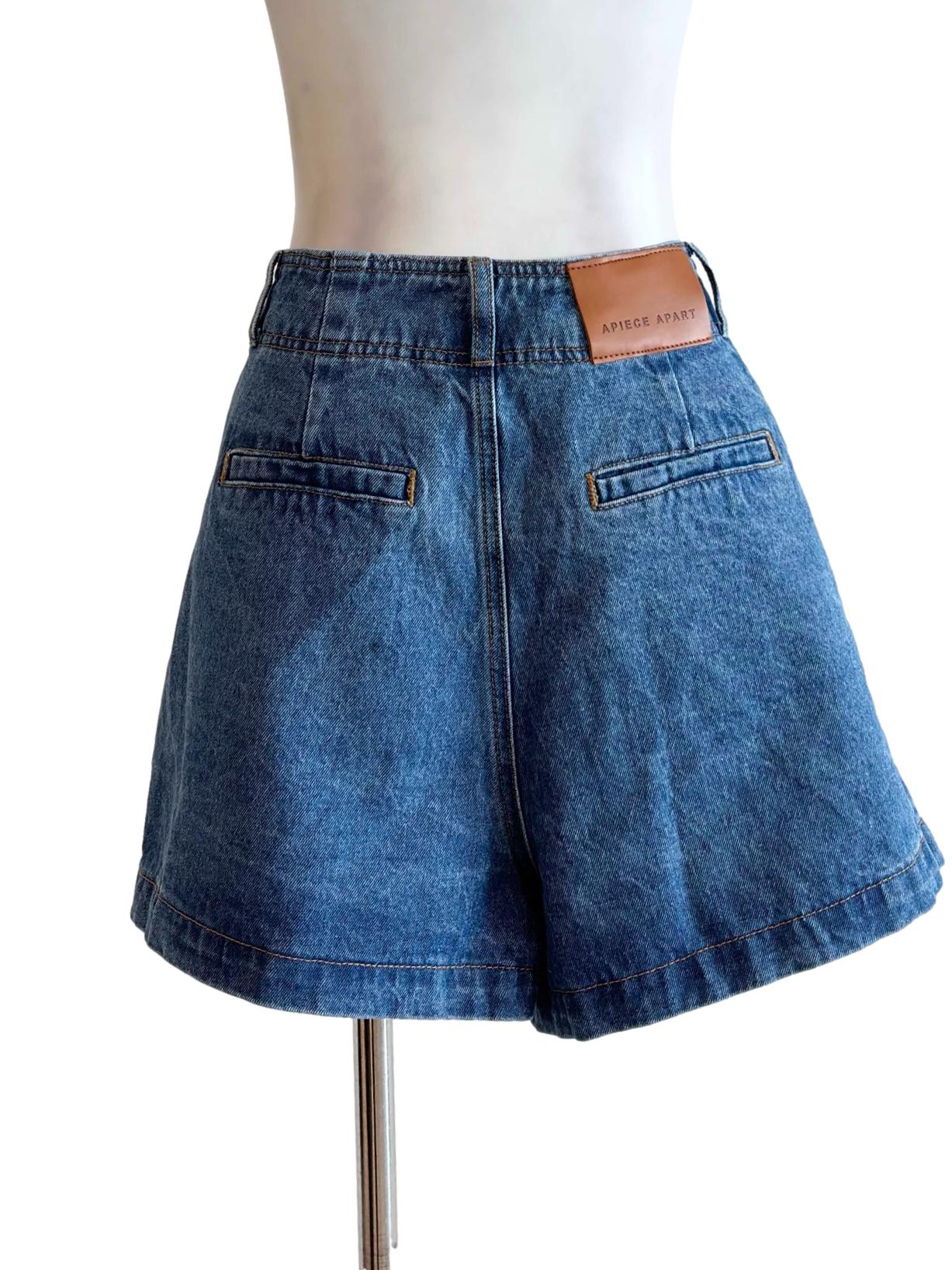 Denim Blue Pleated High Rise Short
