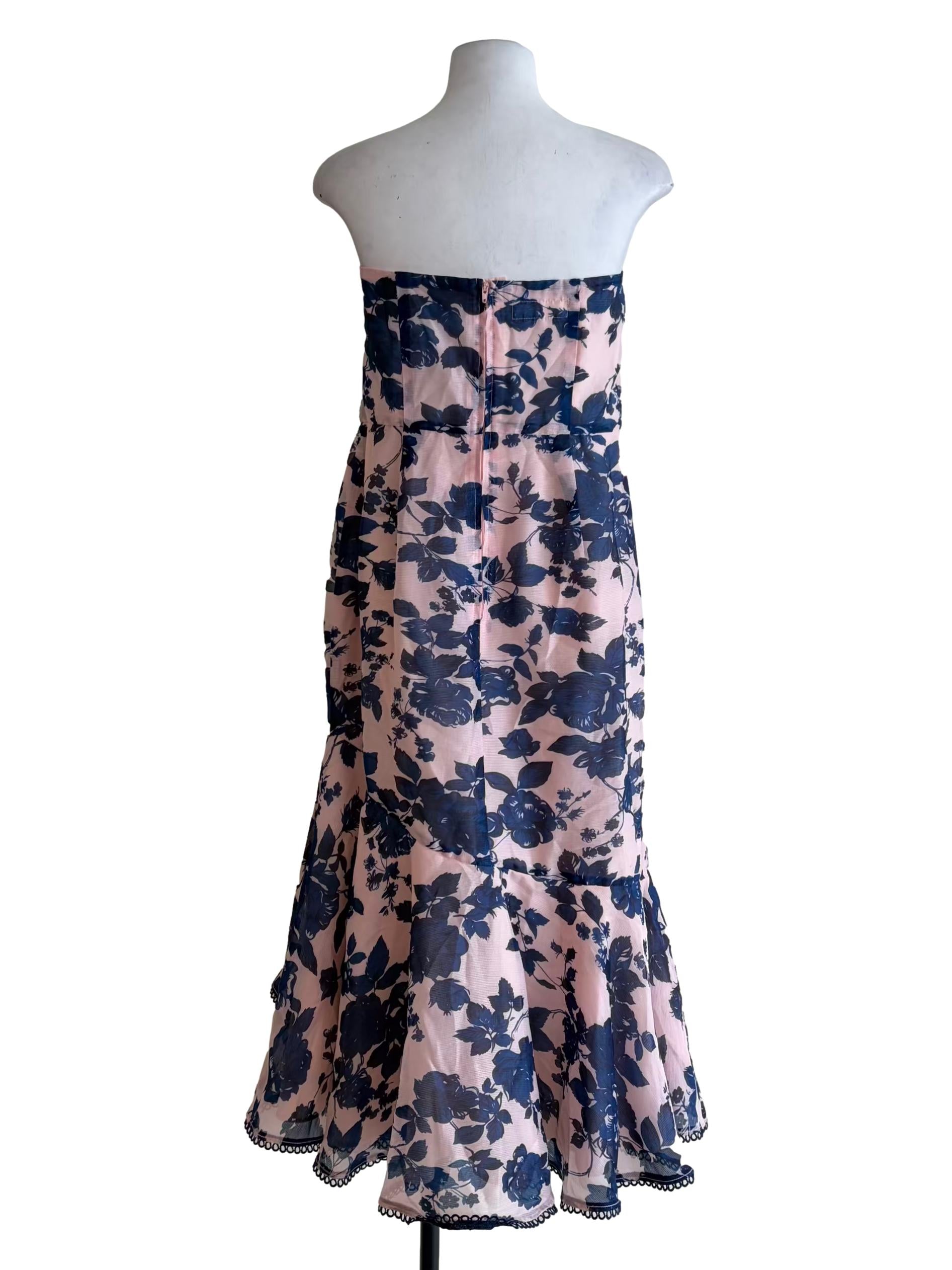 Blush Pink Blue Floral Mesh Print Strapless Dress